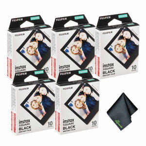 5xFUJIFILM INSTAX SQUARE Black Instant Film 10 Exposures , Microfiber Cleaning Cloth, Bundle