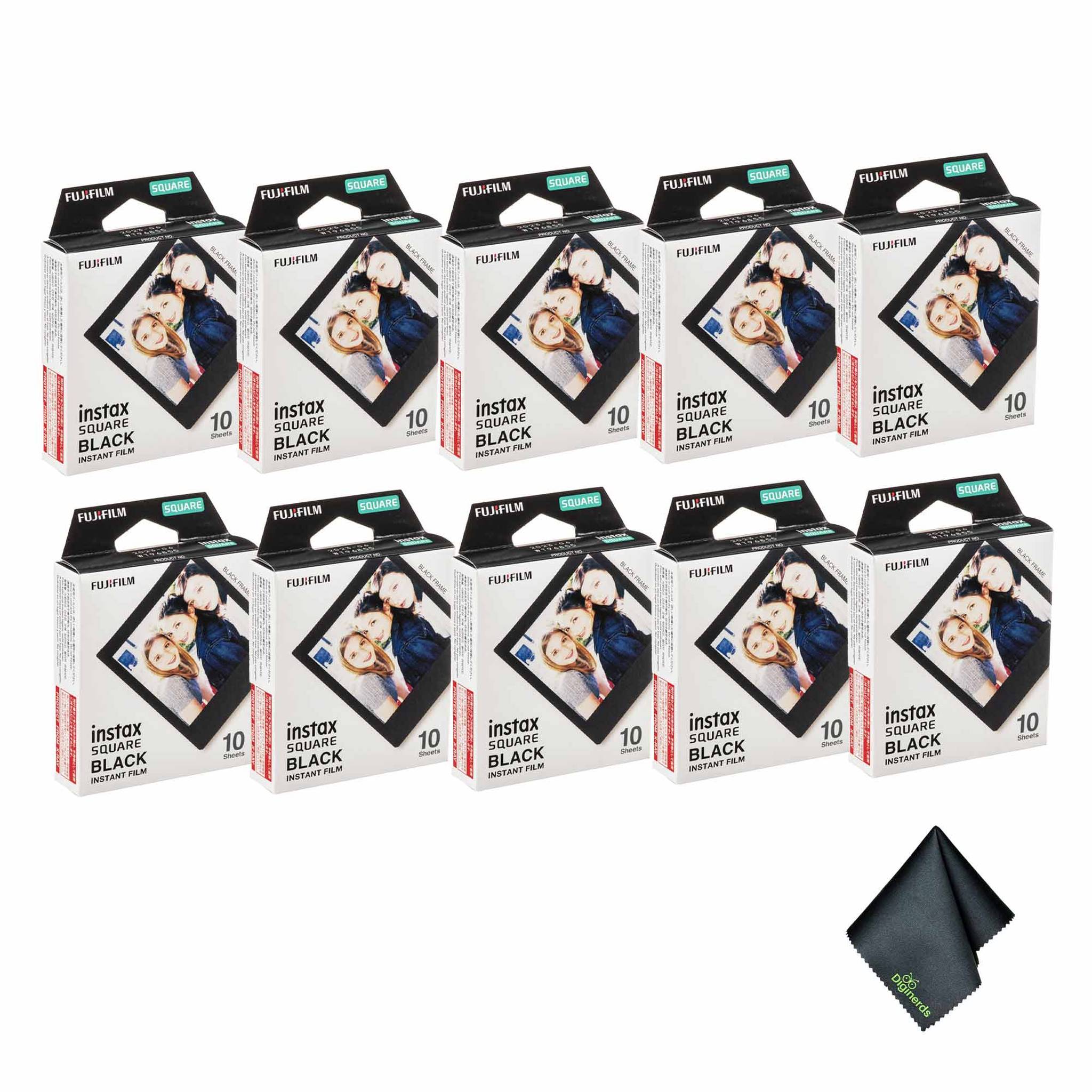 10xFUJIFILM INSTAX SQUARE Black Instant Film 10 Exposures , Microfiber Cleaning Cloth, Bundle
