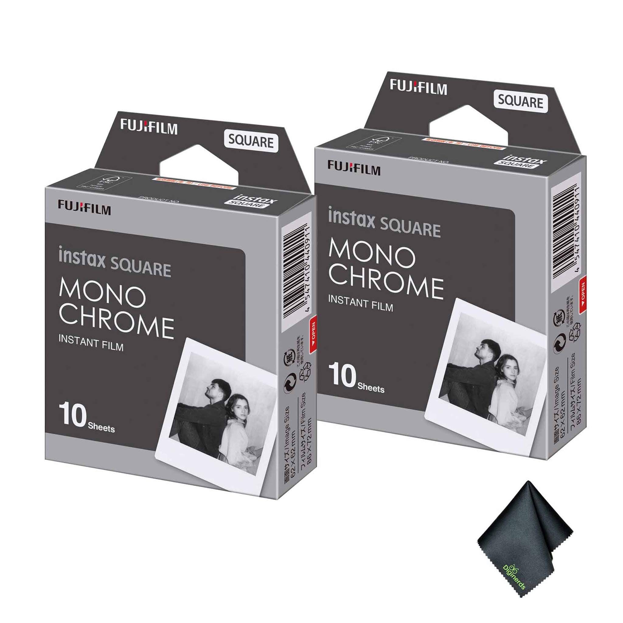 2xFUJIFILM INSTAX SQUARE Monochrome Instant Film 10 Exposures , Microfiber Cleaning Cloth, Bundle