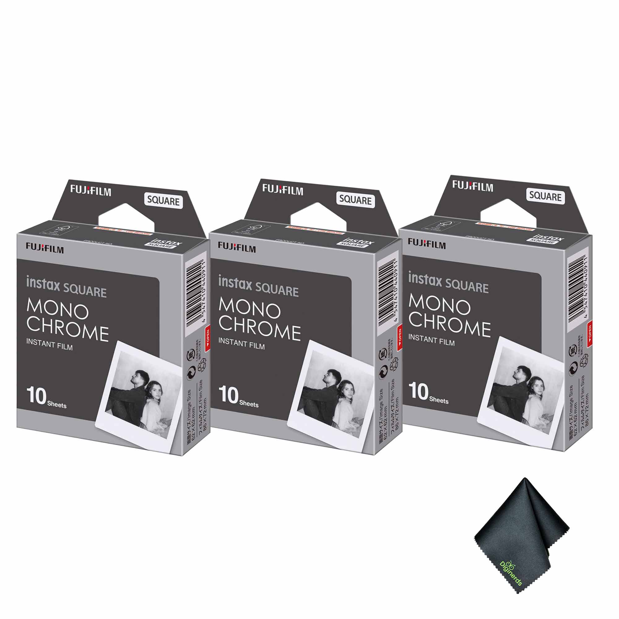 3xFUJIFILM INSTAX SQUARE Monochrome Instant Film 10 Exposures , Microfiber Cleaning Cloth, Bundle