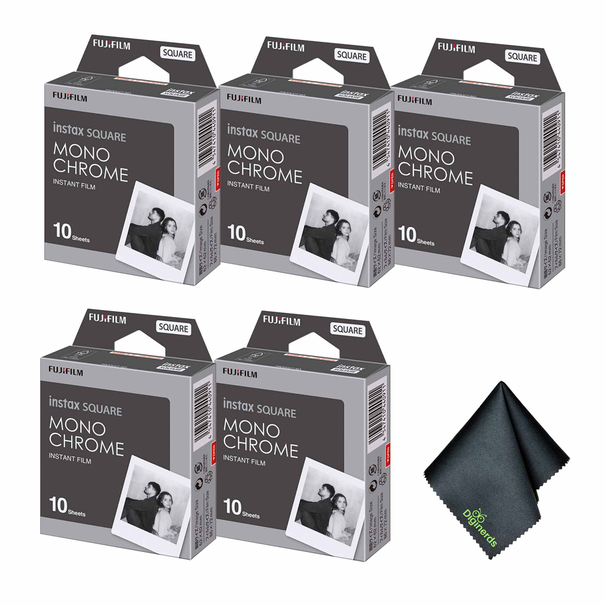 5xFUJIFILM INSTAX SQUARE Monochrome Instant Film 10 Exposures , Microfiber Cleaning Cloth, Bundle