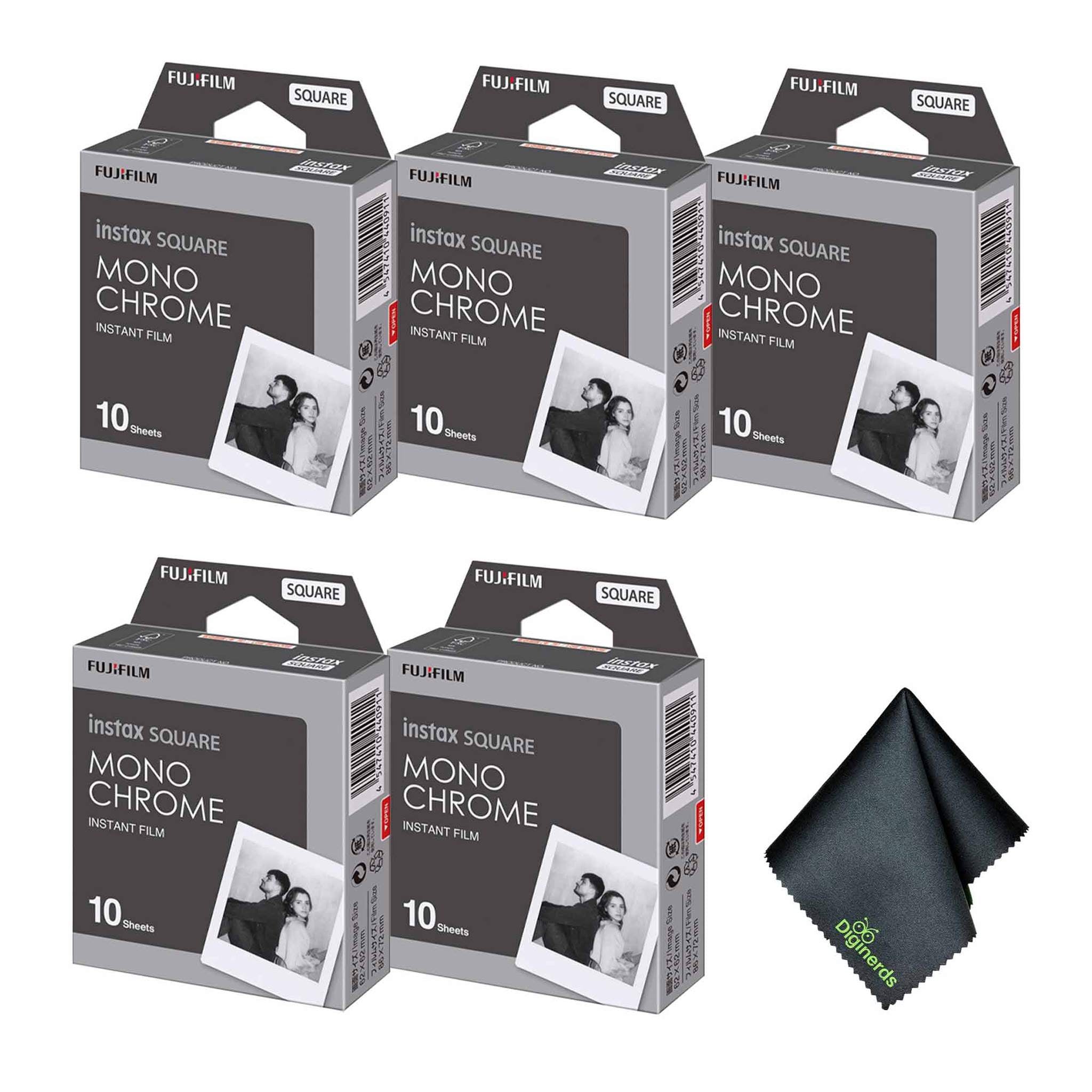 5xFUJIFILM INSTAX SQUARE Monochrome Instant Film 10 Exposures , Microfiber Cleaning Cloth, Bundle