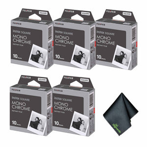5xFUJIFILM INSTAX SQUARE Monochrome Instant Film 10 Exposures , Microfiber Cleaning Cloth, Bundle