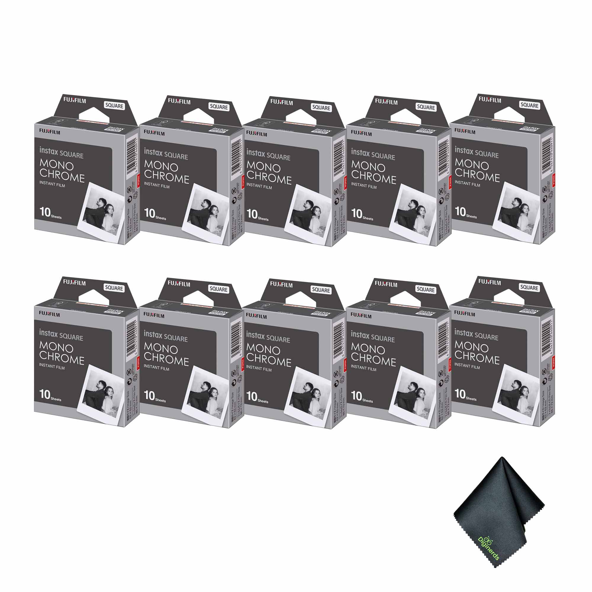 10xFUJIFILM INSTAX SQUARE Monochrome Instant Film 10 Exposures , Microfiber Cleaning Cloth, Bundle