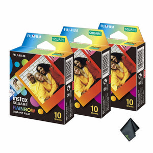 3xFUJIFILM INSTAX SQUARE Rainbow Instant Film 10 Exposures , Microfiber Cleaning Cloth, Bundle