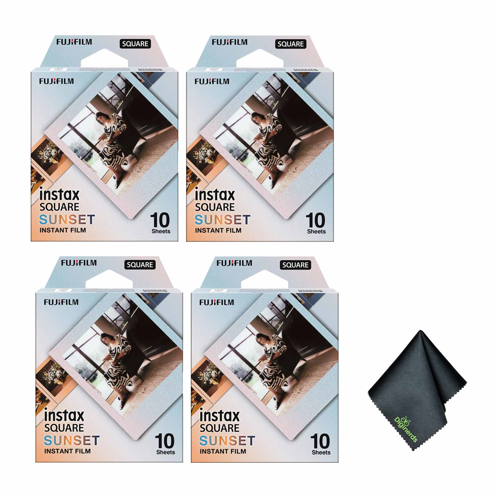 4xFUJIFILM INSTAX SQUARE Sunset Instant Film, Microfiber Cleaning Cloth, Bundle