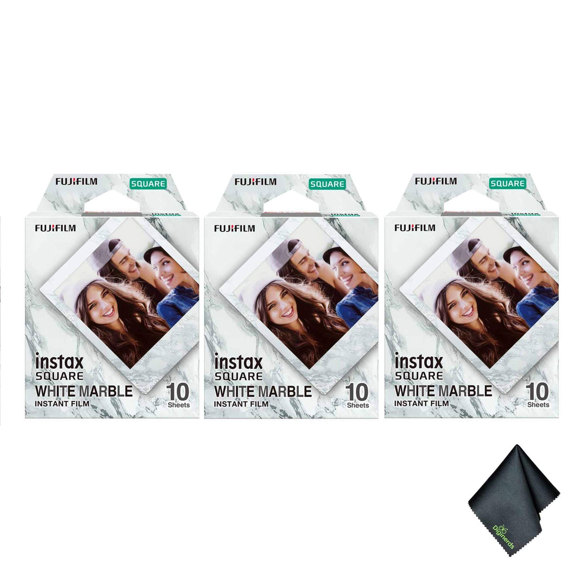 3xFUJIFILM INSTAX SQUARE White Marble Instant Film 10 Exposures , Microfiber Cleaning Cloth, Bundle