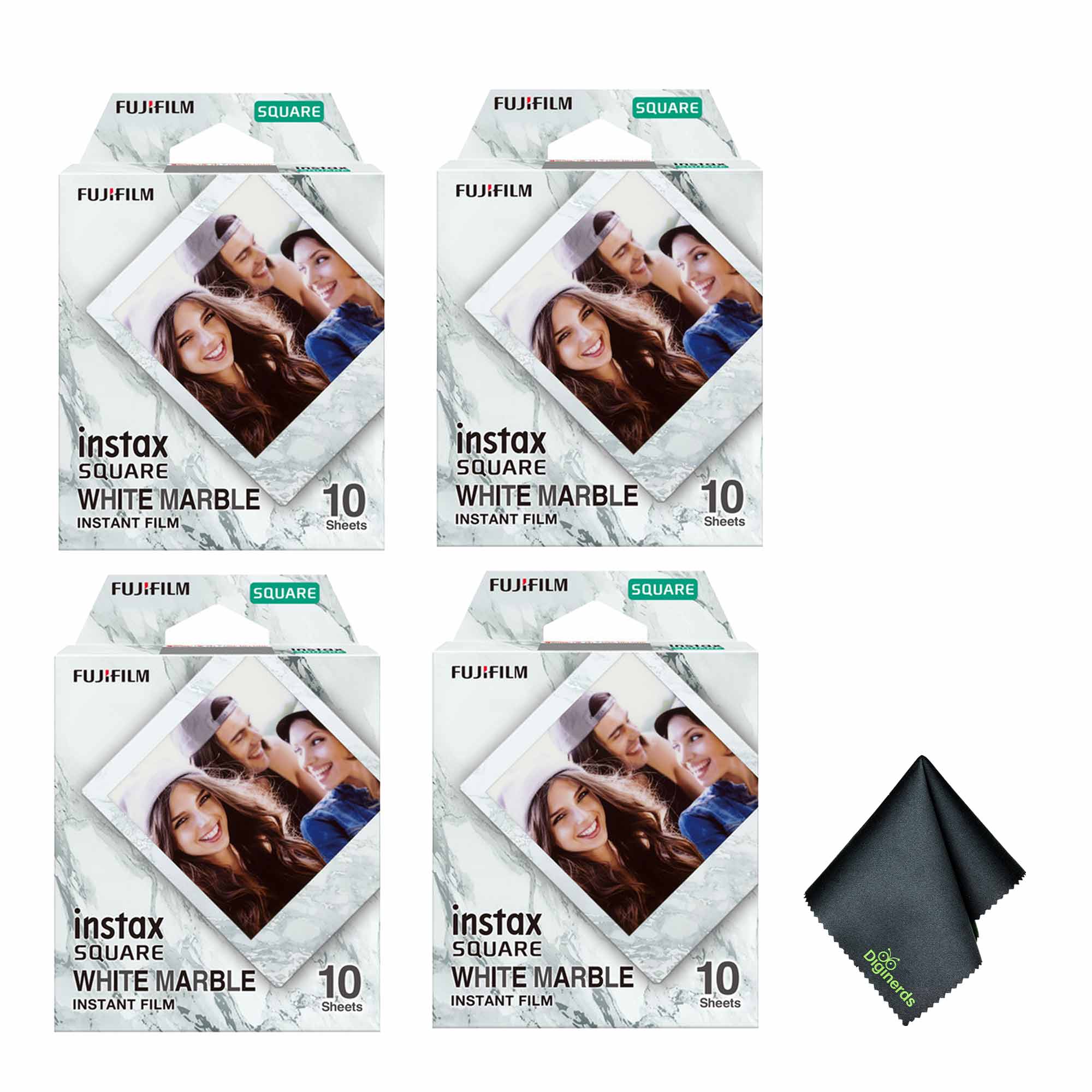 4xFUJIFILM INSTAX SQUARE White Marble Instant Film 10 Exposures , Microfiber Cleaning Cloth, Bundle