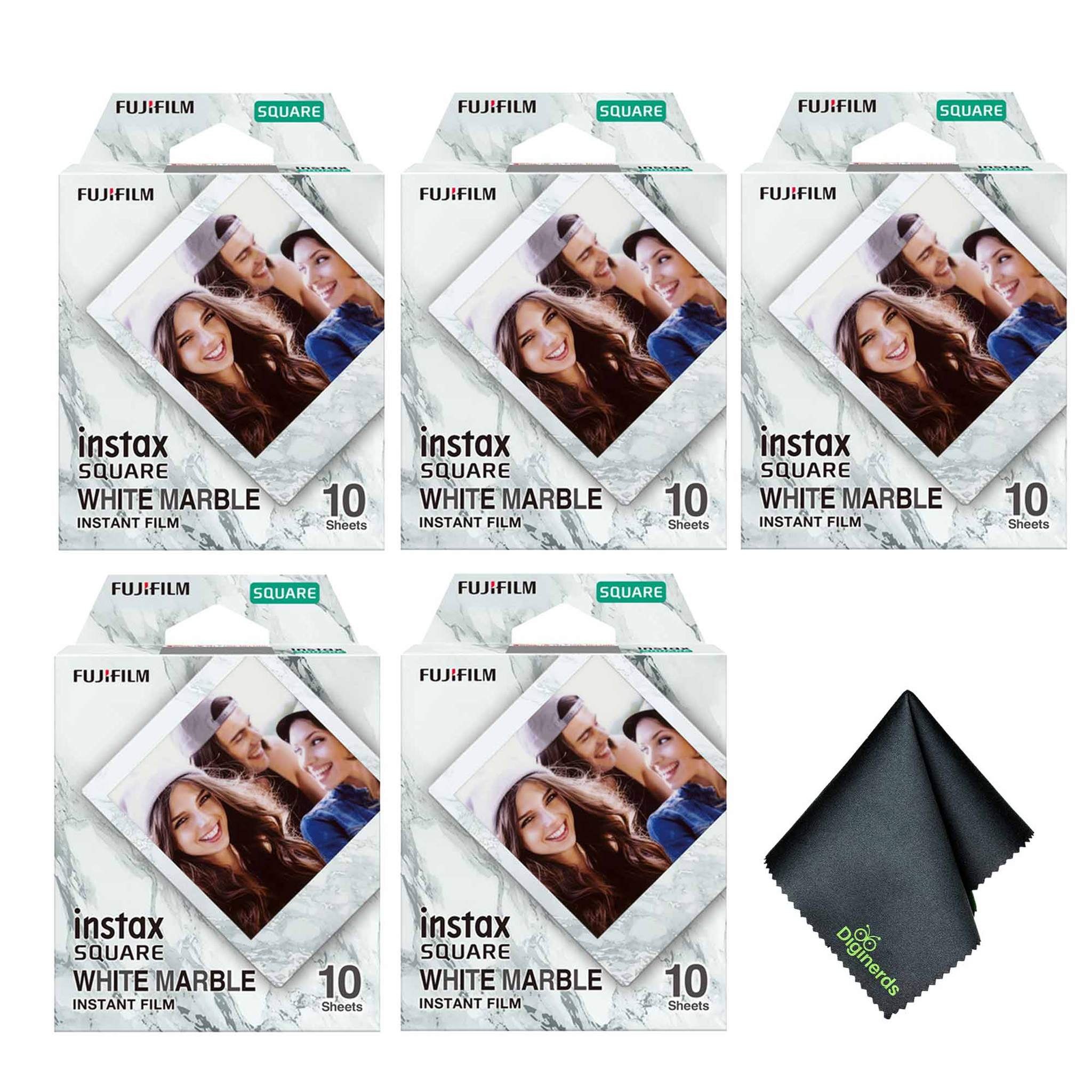 5xFUJIFILM INSTAX SQUARE White Marble Instant Film 10 Exposures , Microfiber Cleaning Cloth, Bundle