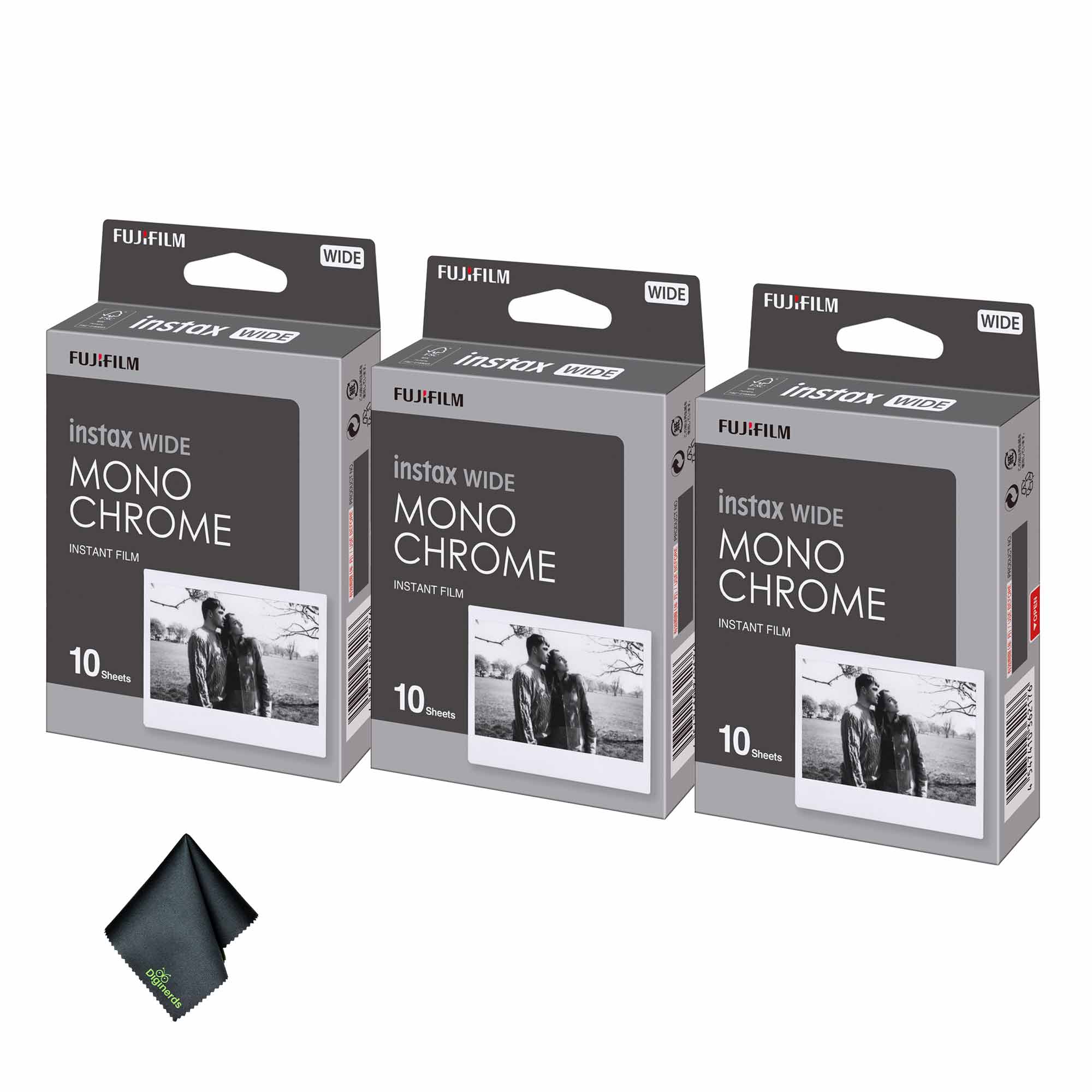 3xFUJIFILM INSTAX Wide Monochrome Instant Film 10 Exposures , Microfiber Cleaning Cloth, Bundle