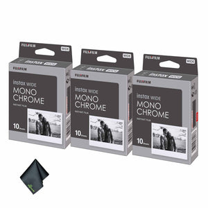 3xFUJIFILM INSTAX Wide Monochrome Instant Film 10 Exposures , Microfiber Cleaning Cloth, Bundle