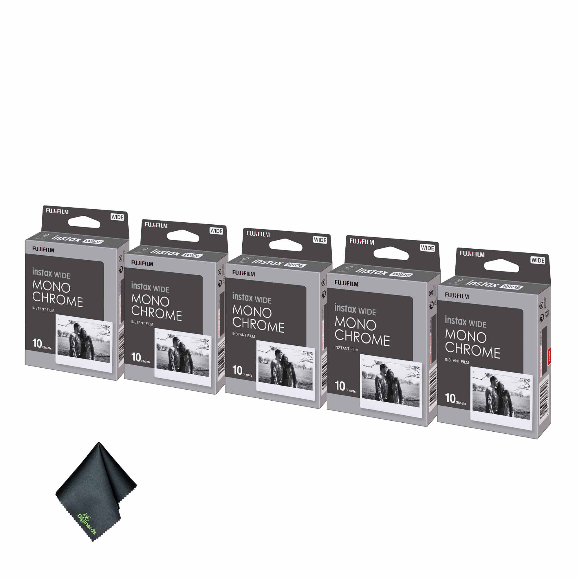 5xFUJIFILM INSTAX Wide Monochrome Instant Film 10 Exposures , Microfiber Cleaning Cloth, Bundle
