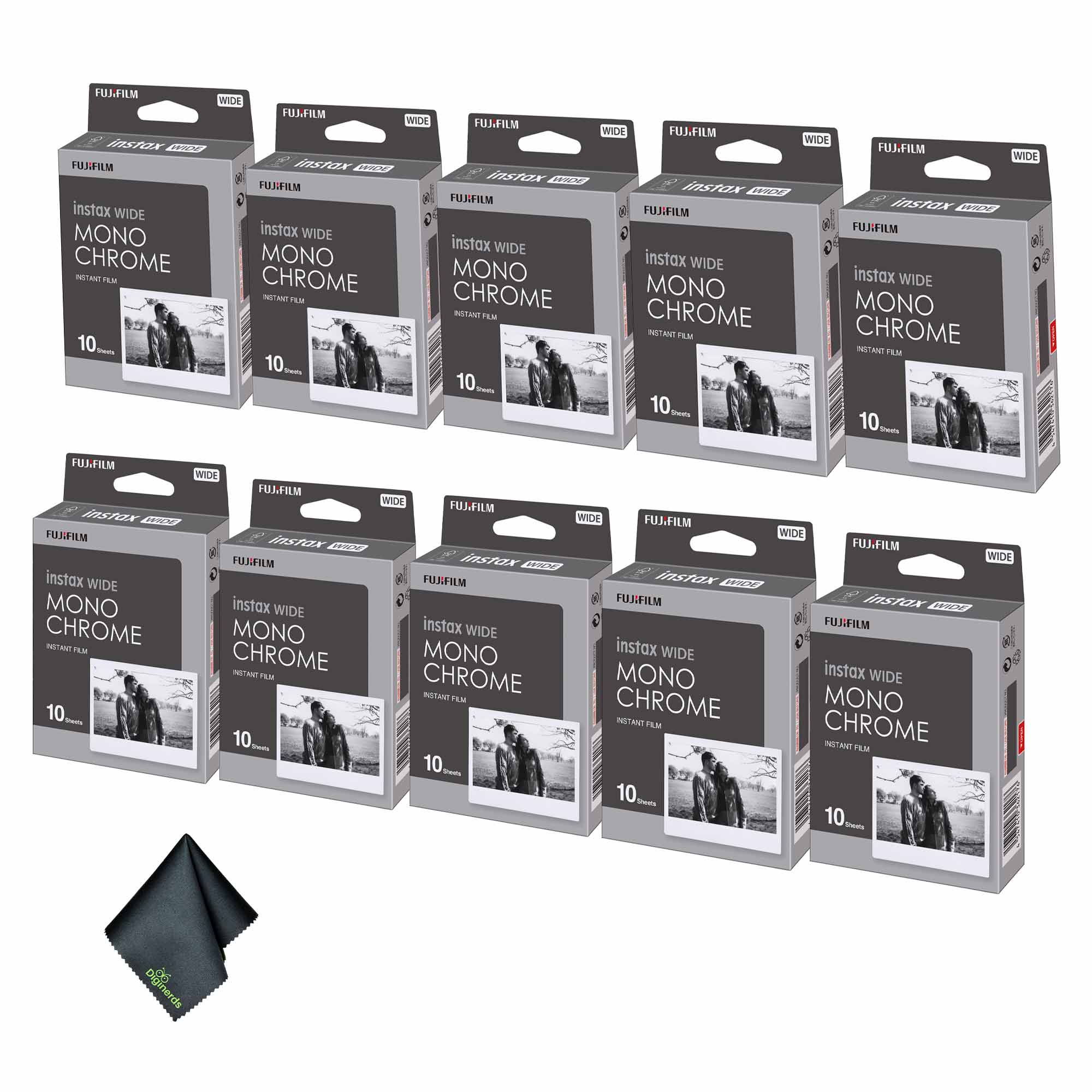 10xFUJIFILM INSTAX Wide Monochrome Instant Film 10 Exposures , Microfiber Cleaning Cloth, Bundle