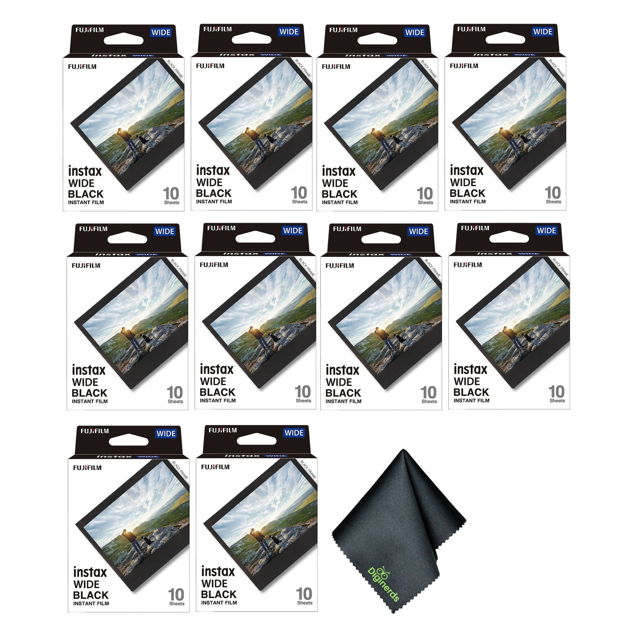 Fujifilm Instax Wide Black Instant Film 100 Exposures + Microfiber Cleaning Cloth Fujifilm