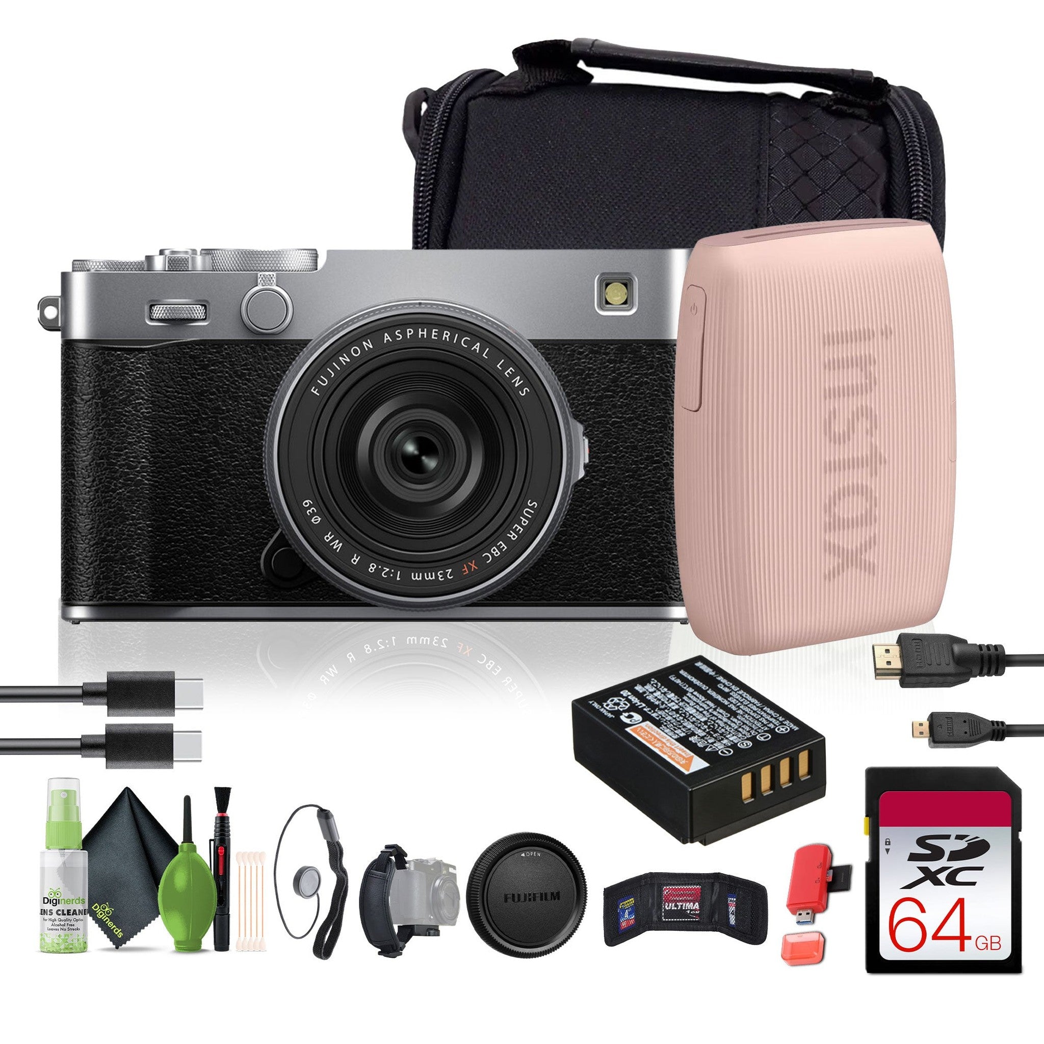 FUJIFILM X-E5 Mirrorless Digital Camera with XF 23mm f/2.8 Lens silver , Printer - Pink