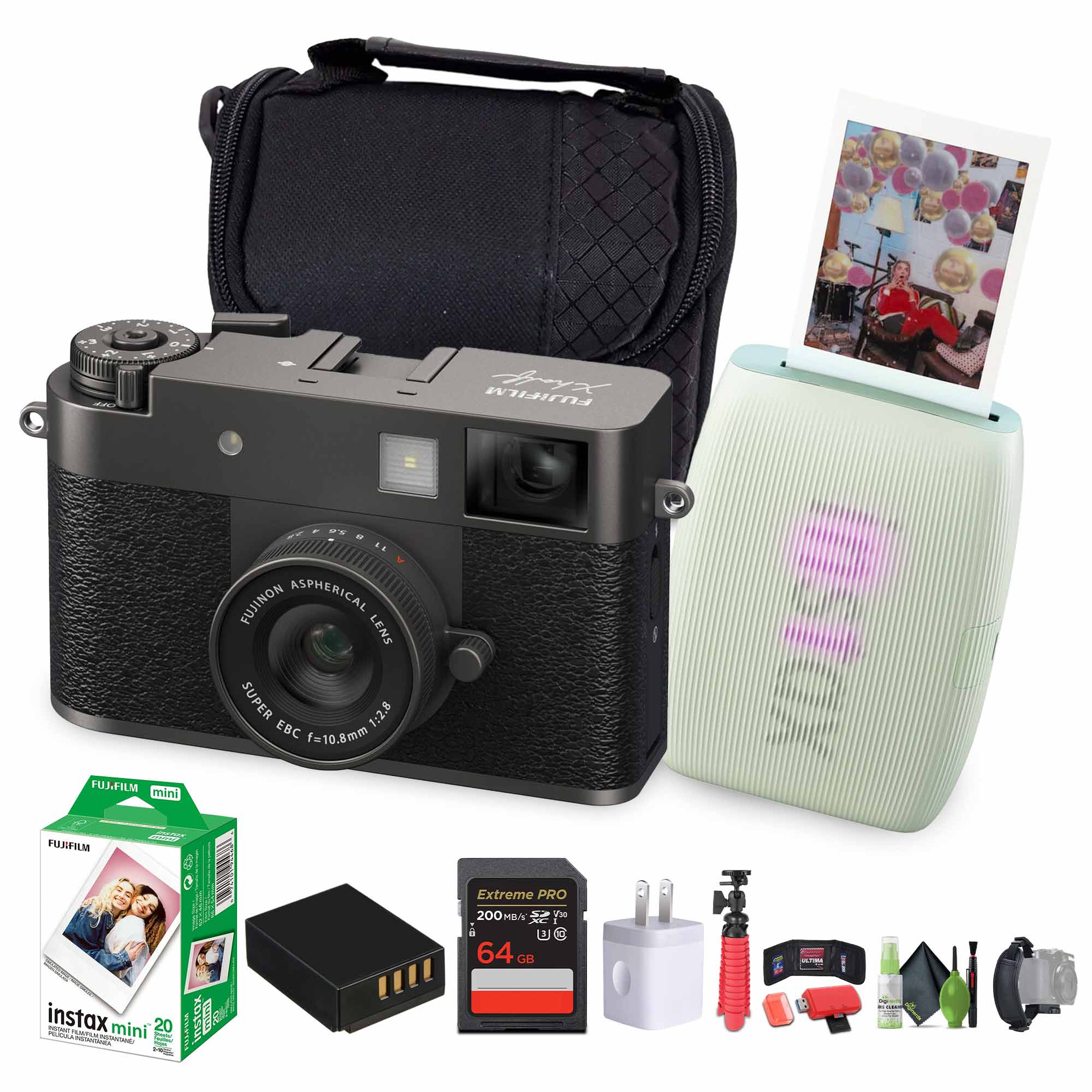 FUJIFILM X Digital Camera Charcoal Silver , MINI LINK 3 Printer Sage Green