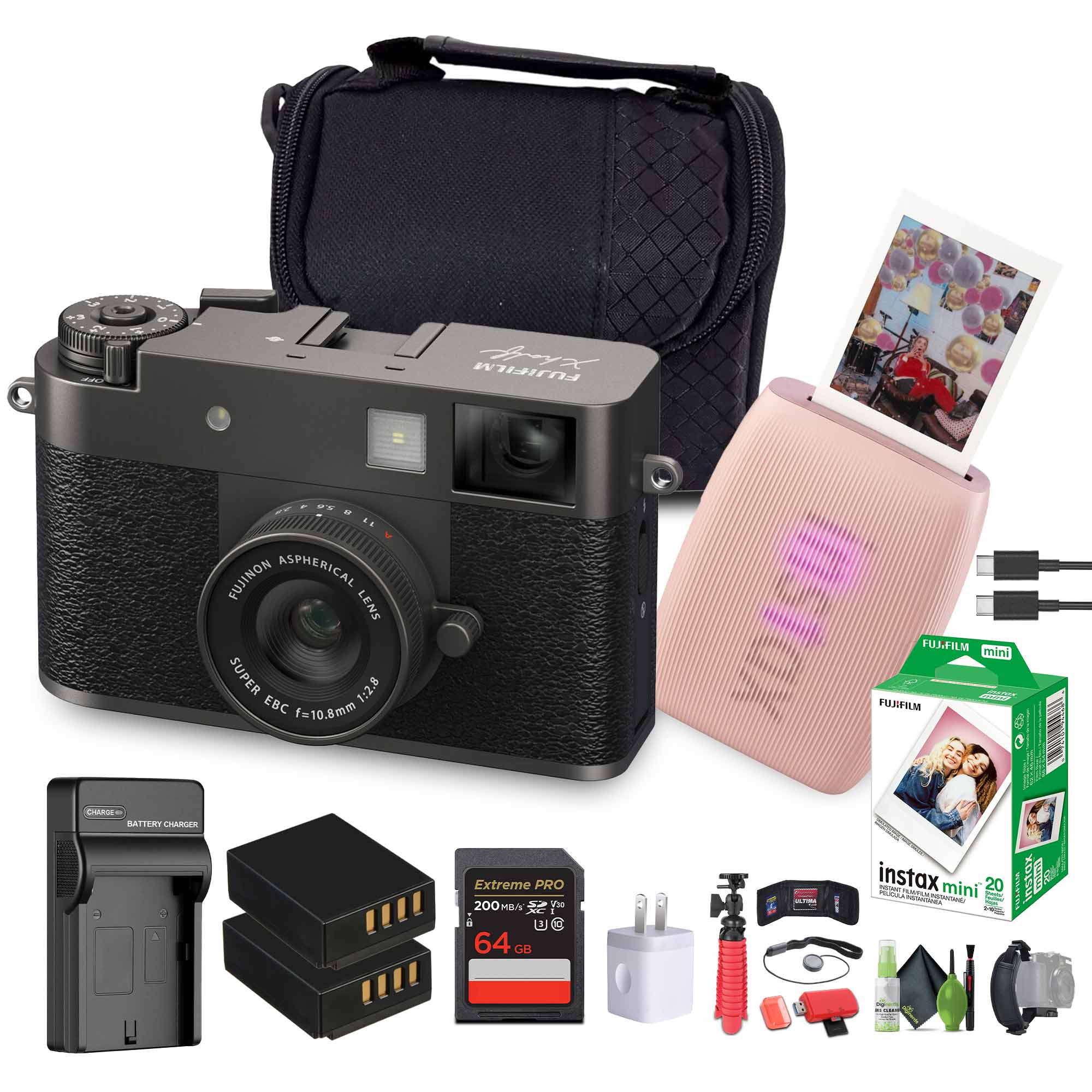 FUJIFILM X Digital Camera Charcoal Silver , MINI LINK 3 Printer Rose Pink