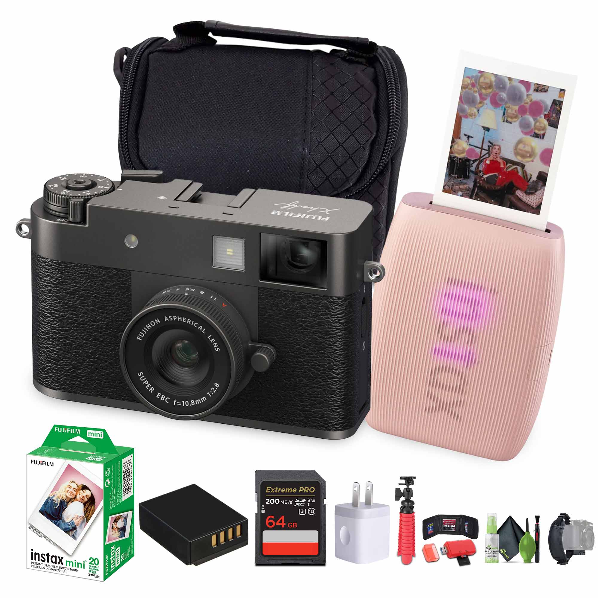 FUJIFILM X Digital Camera (Charcoal Silver), MINI LINK 3 Printer(Rose Pink)