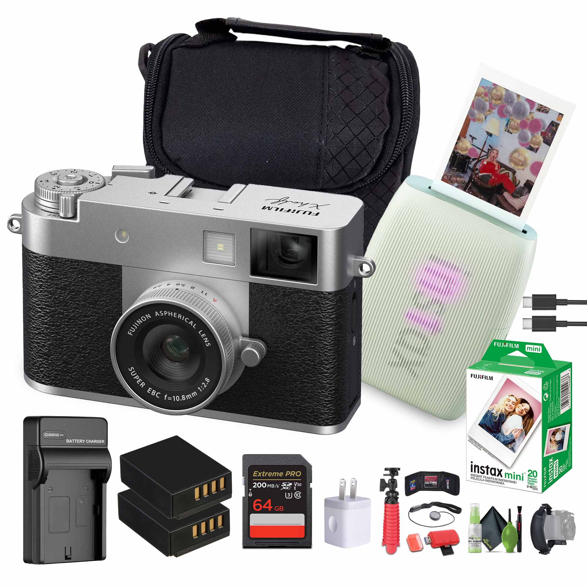 FUJIFILM X Digital Camera (Silver), MINI LINK 3 Smartphone Printer(Sage Green)