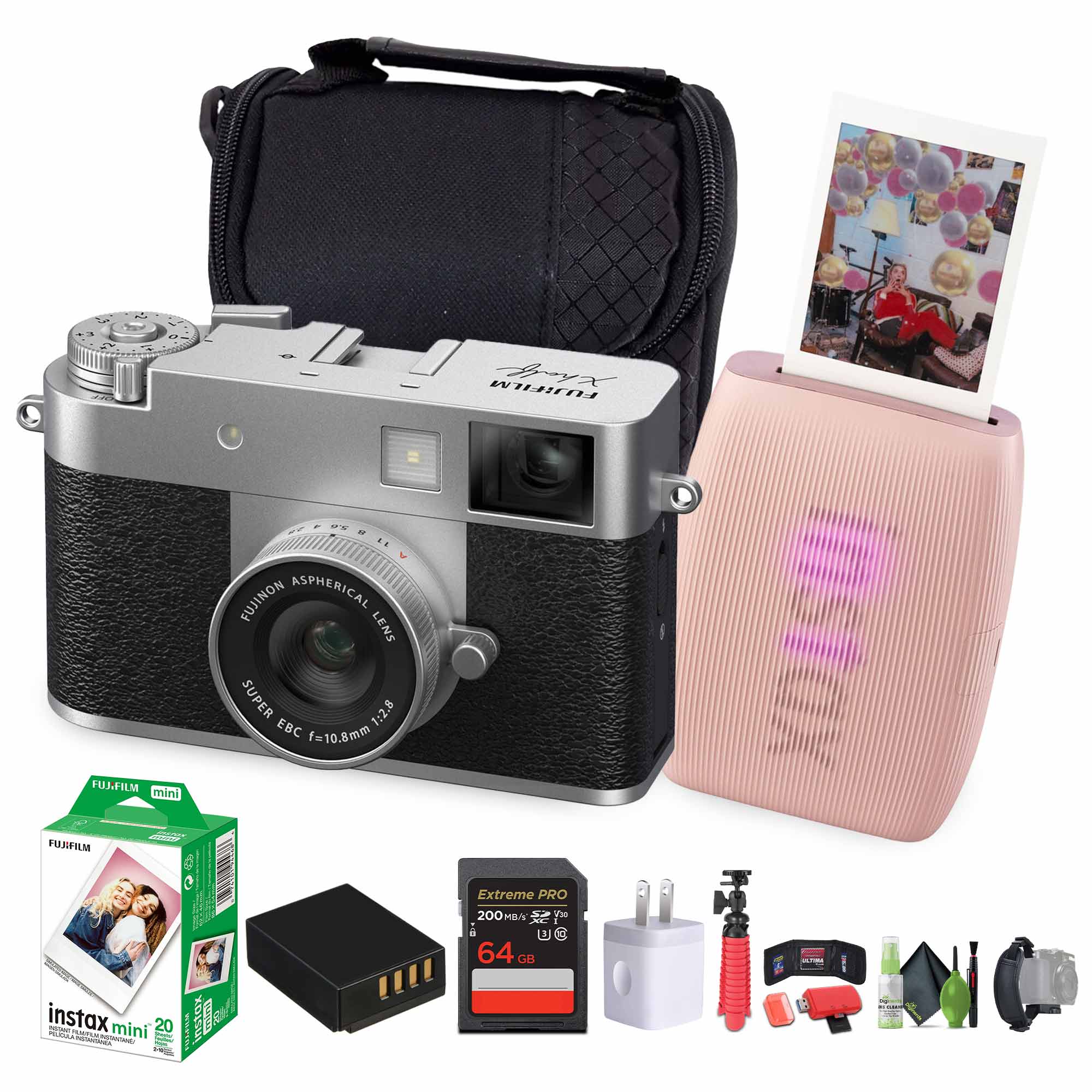 FUJIFILM X Digital Camera Silver , MINI LINK 3 Smartphone Printer Rose Pink