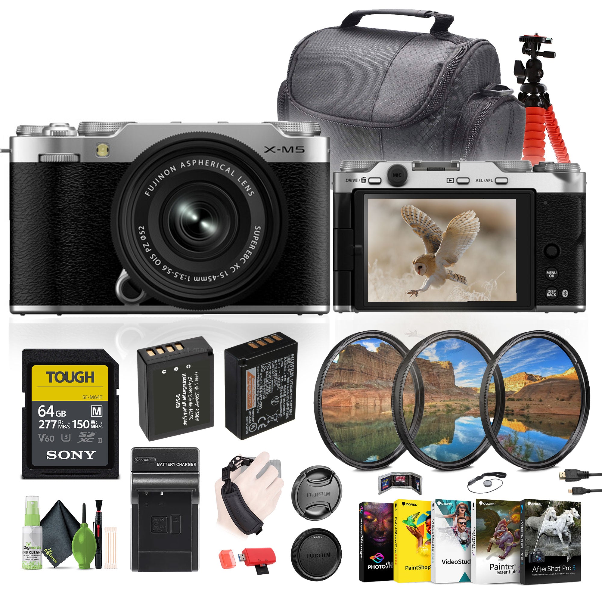 Fujifilm X-M5 Mirrorless Camera + XC 15-45mm f/3.5-5.6 OIS PZ Lens Bundle- Silver