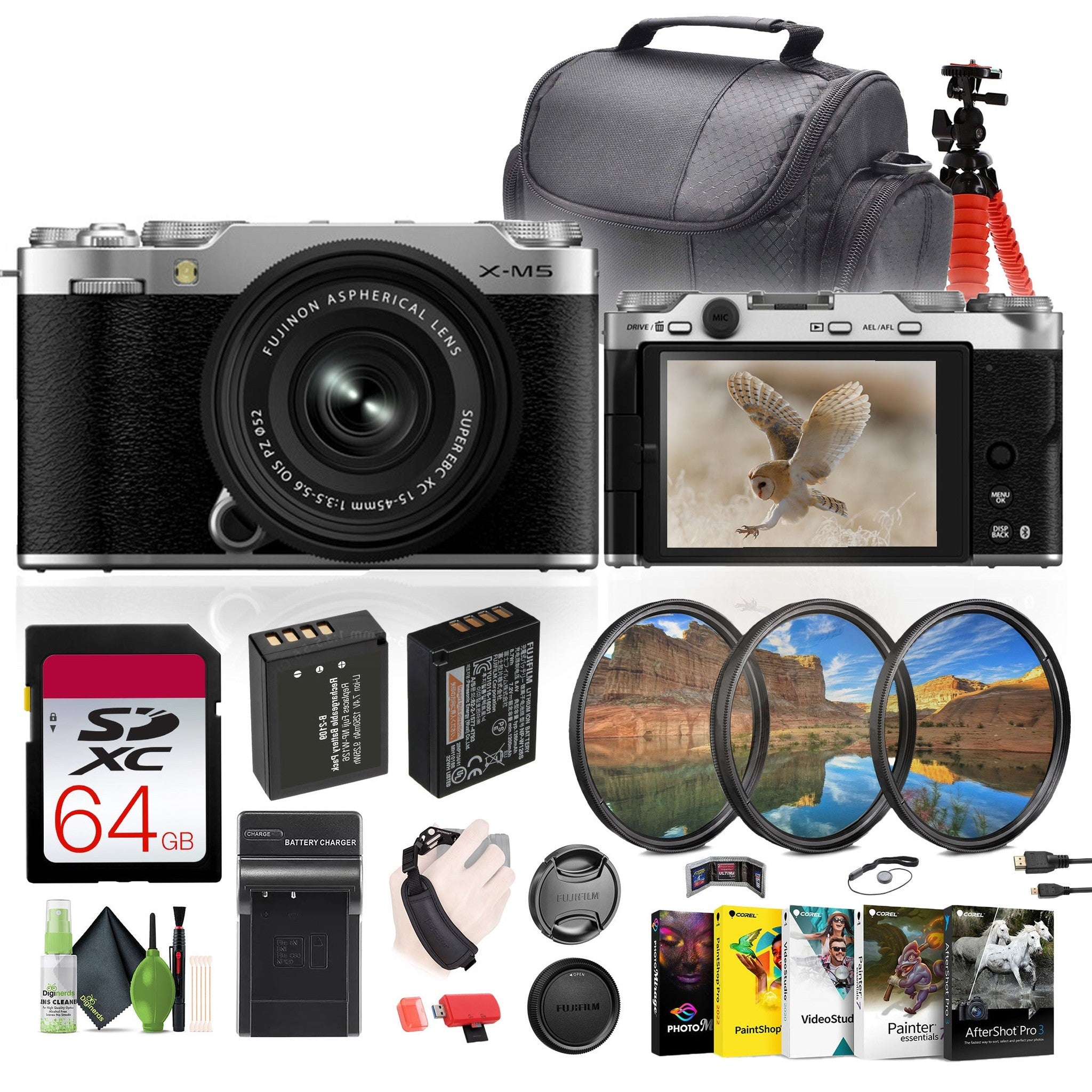 Fujifilm X-M5 Mirrorless Camera + XC 15-45mm f/3.5-5.6 OIS PZ Lens Bundle- Silver