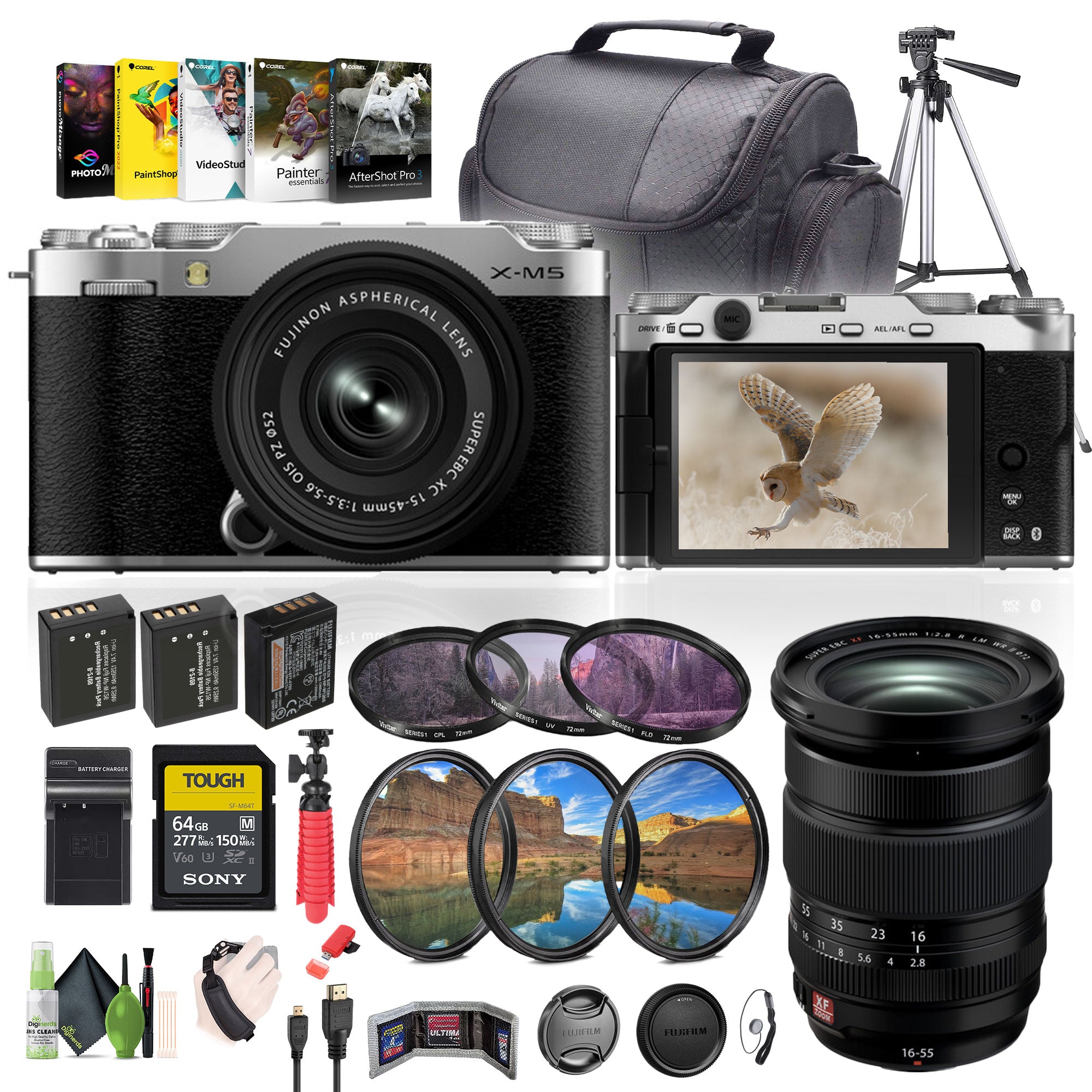 Fujifilm X-M5 Mirrorless Camera+XC 15-45mm+XF 16-55mm f/2.8 LM WR II Lens-Silver