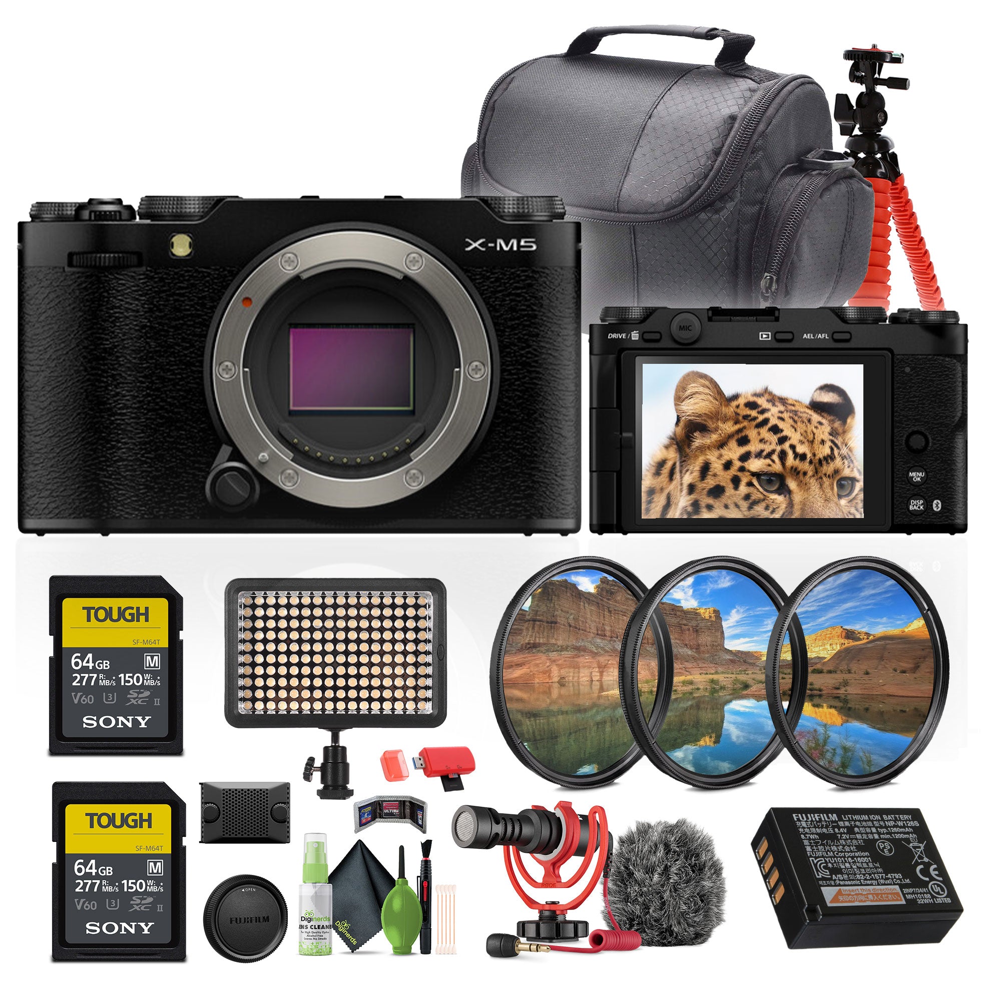 Fujifilm X-M5 Mirrorless Camera Body + 2x 64GB Card + Rode Microphone + More