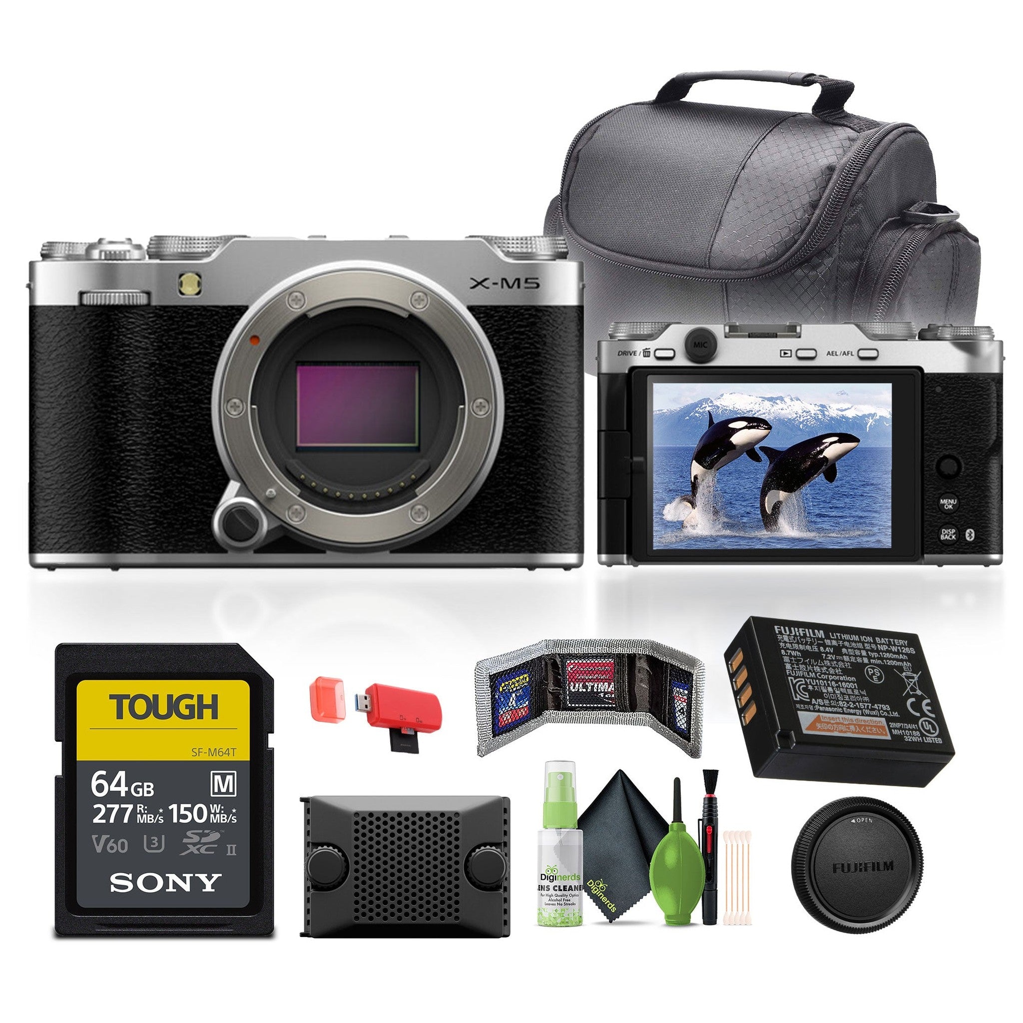 Fujifilm X-M5 Mirrorless Digital Camera Body Silver + 64GB Memory Card + More