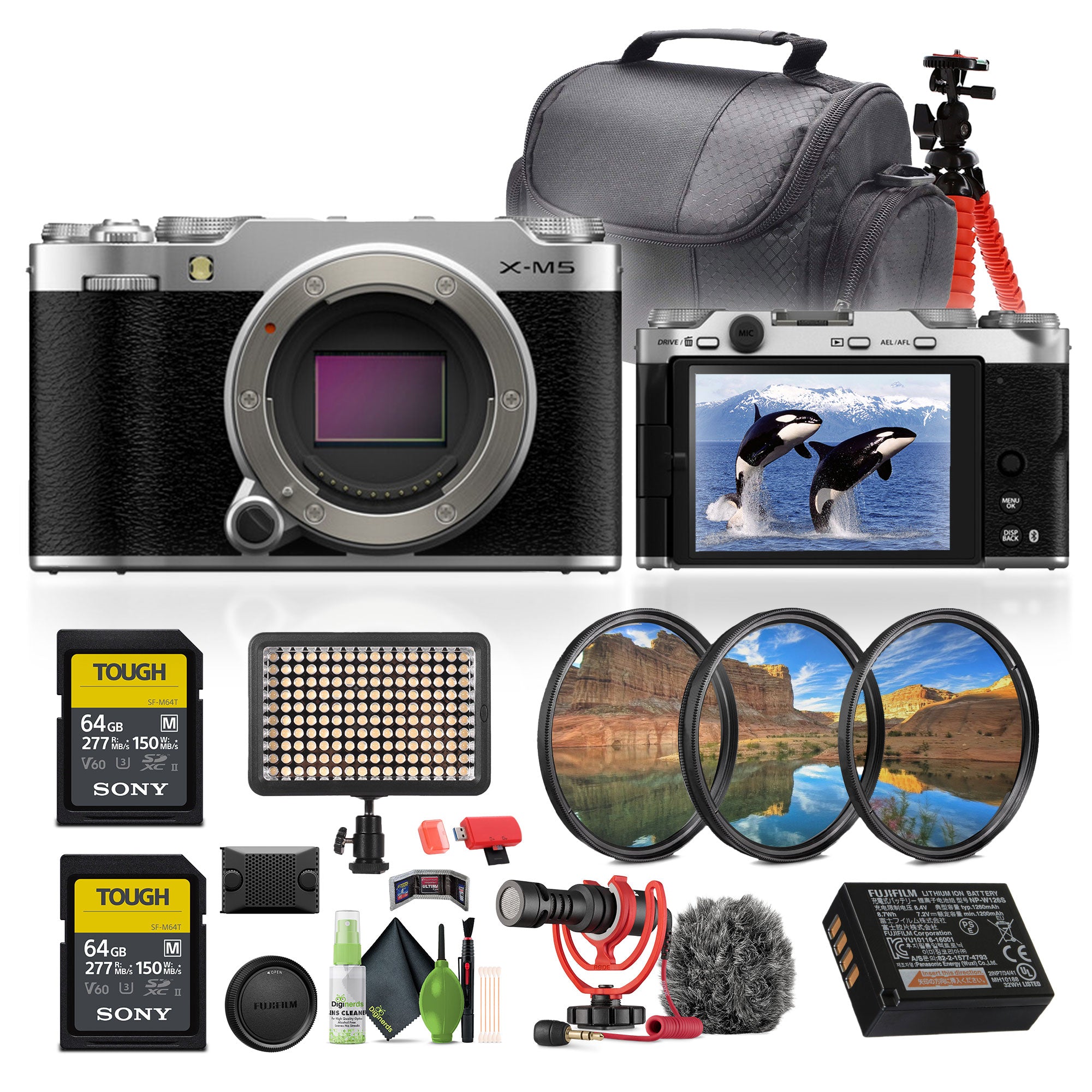 Fujifilm X-M5 Mirrorless Camera Body + 2x 64GB Card + Rode Microphone + More