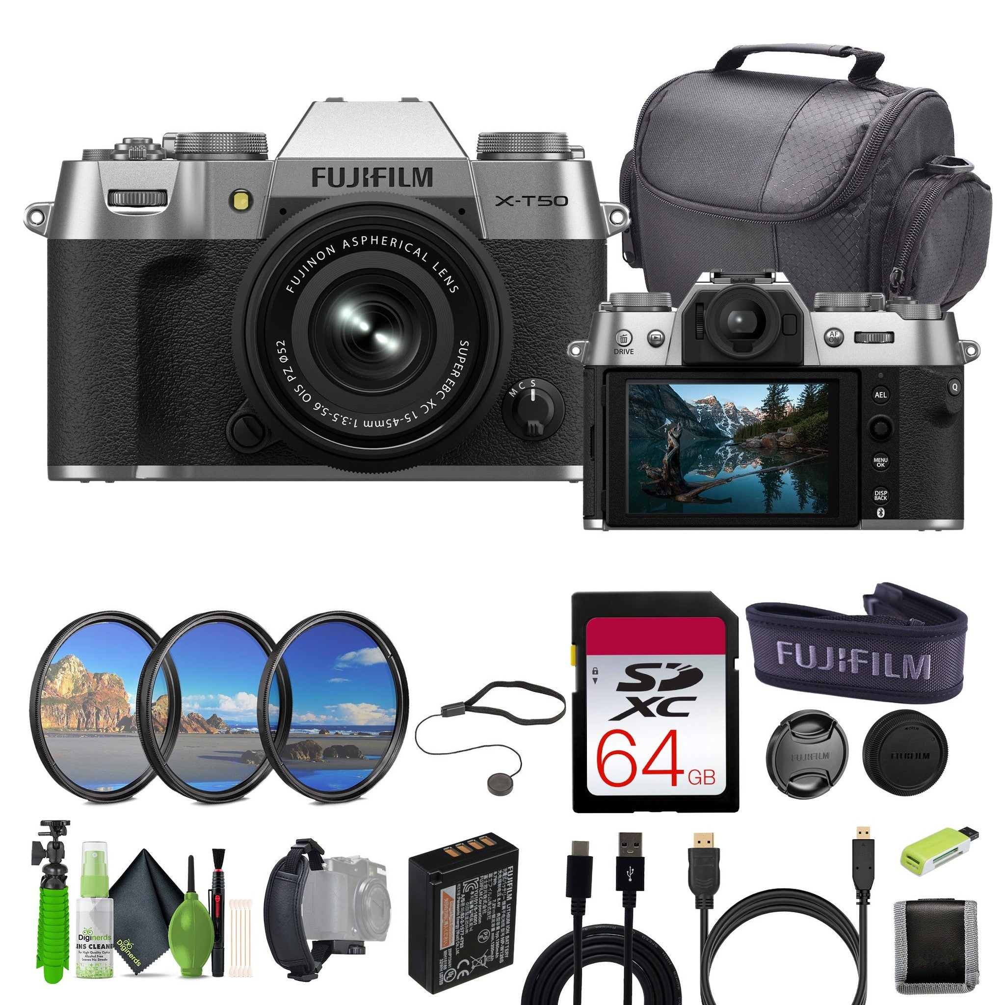 Fujifilm X-T50 Mirrorless Camera XC15-45mmF3.5-5.6 OIS PZ Lens Bundle Silver