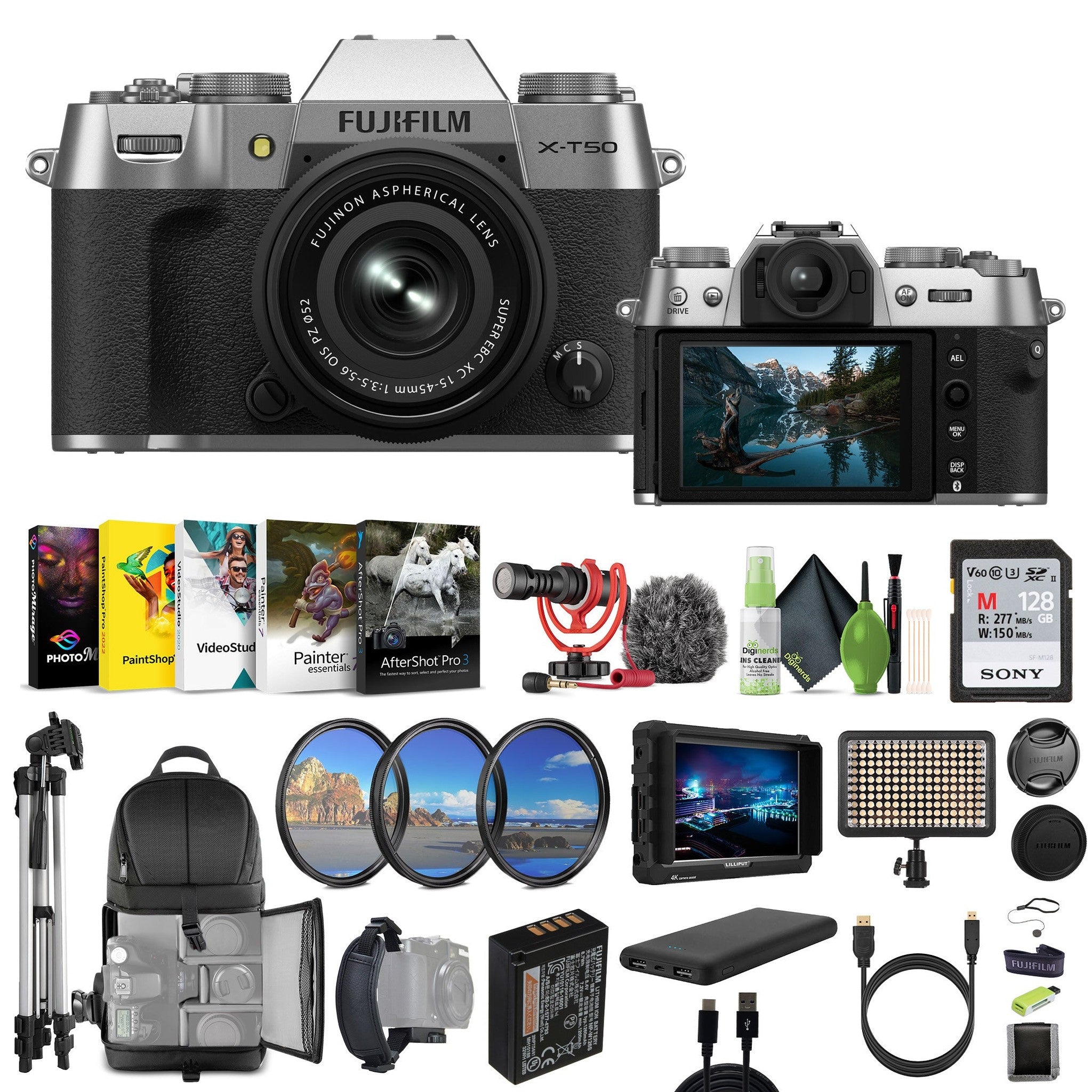 Fujifilm X-T50 Mirrorless Digital Camera XC15-45mm + 128GB Memory Card- Silver