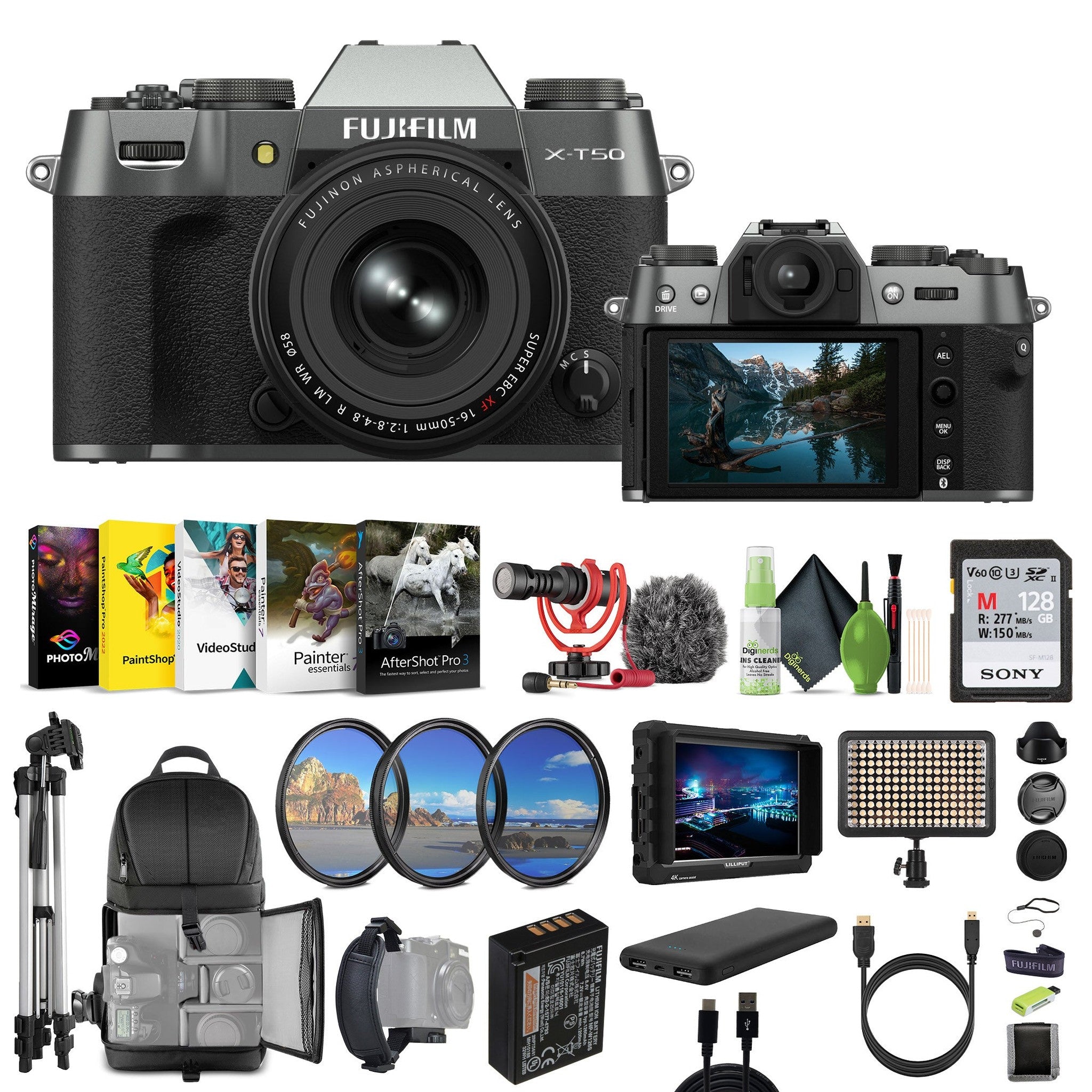 Fujifilm X-T50 Mirrorless Camera XF16-50mm+ Rode Microphone +7" HD Monitor