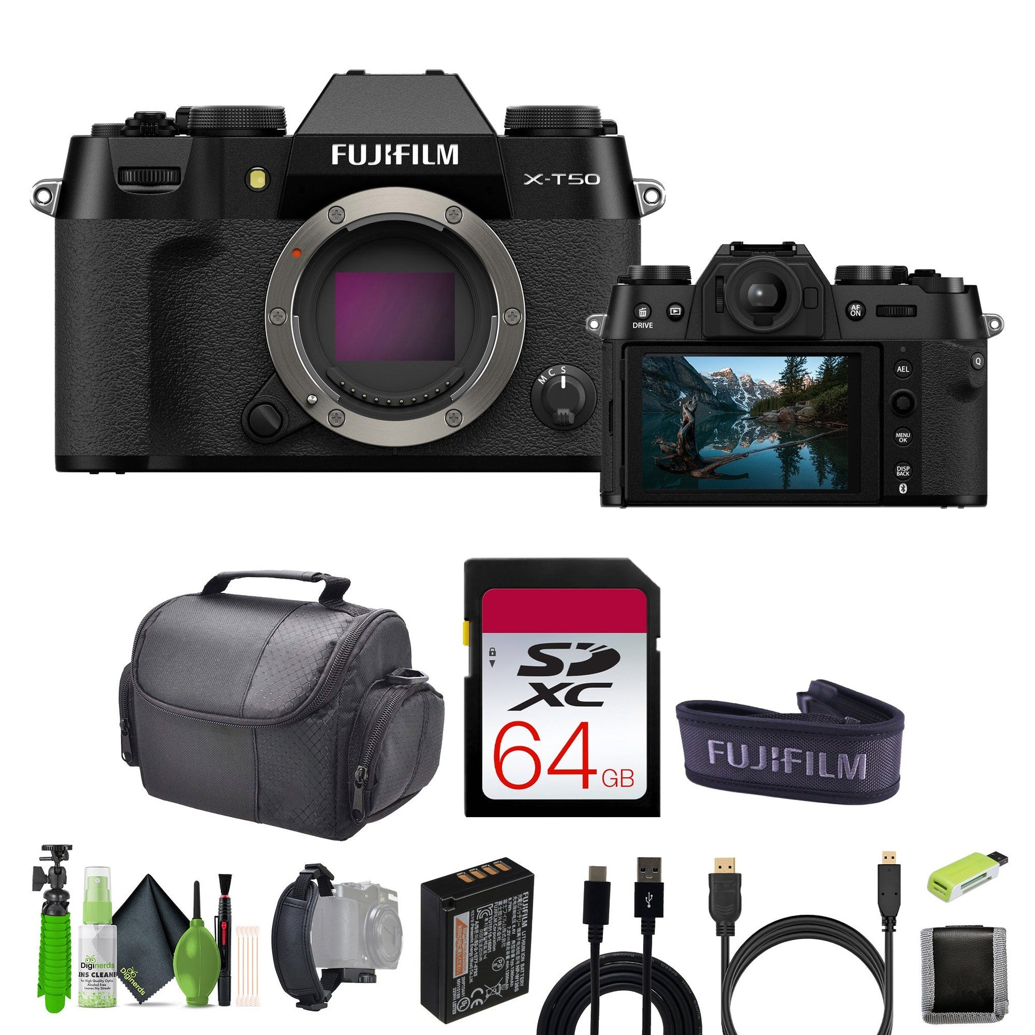 Fujifilm X-T50 Mirrorless Digital Camera+ 64GB Card + Tripod + More Accessories Black