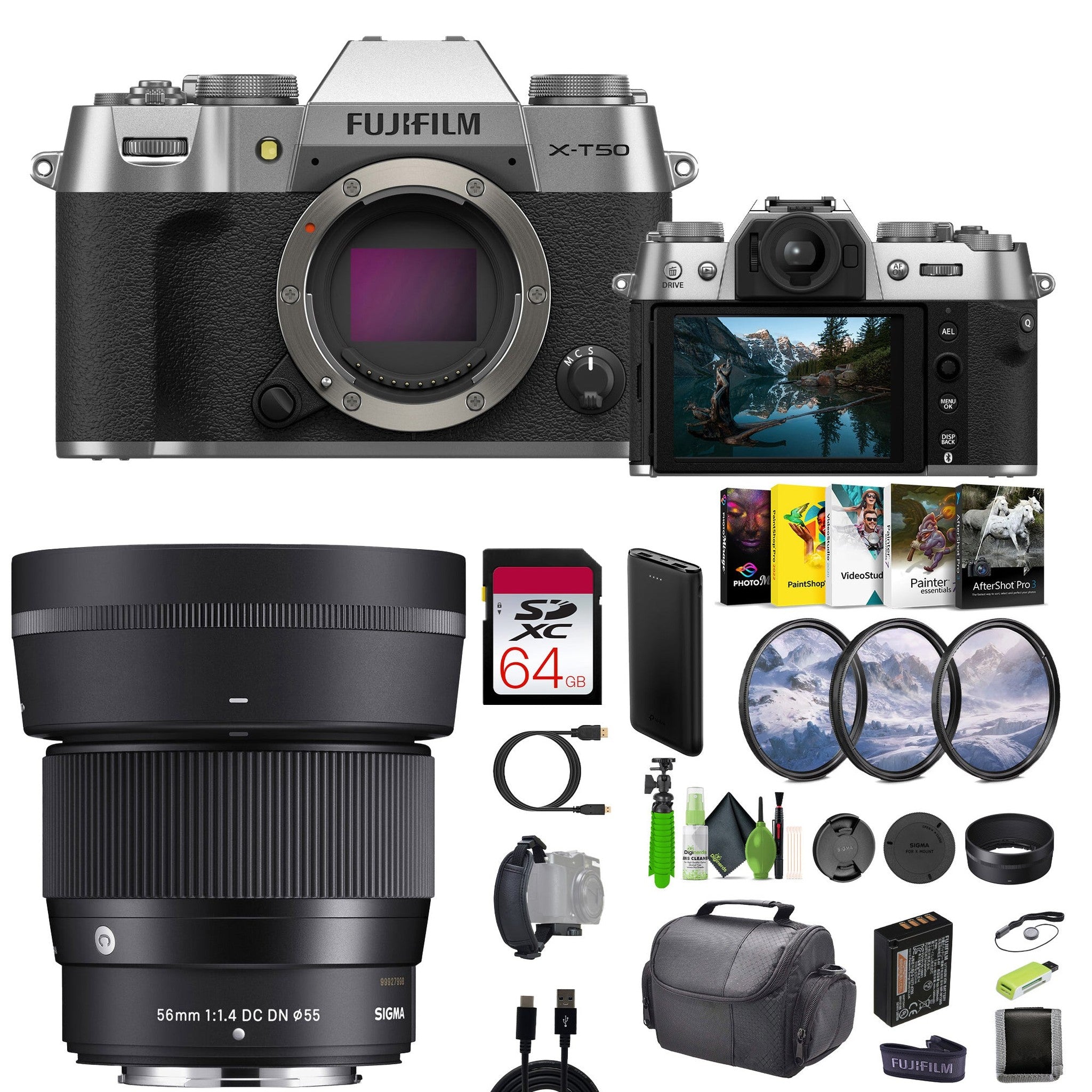 Fujifilm X-T50 Mirrorless Camera + Sigma 56mm Contemporary Lens+Bag +Tripod+More