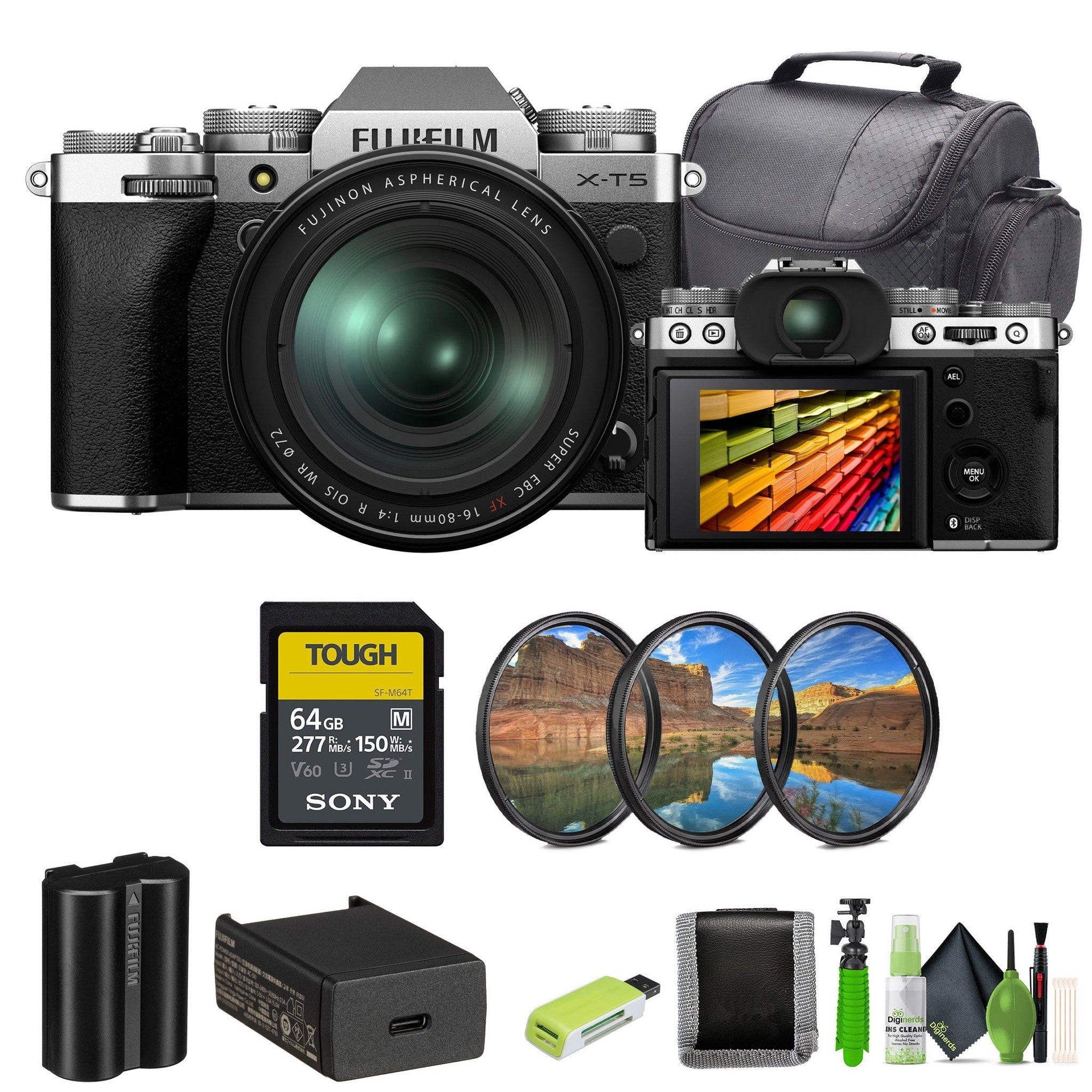 Fujifilm X-T5 Mirrorless Digital Camera XF16-80mm Lens Kit - Silver Bundle+ More Fujifilm