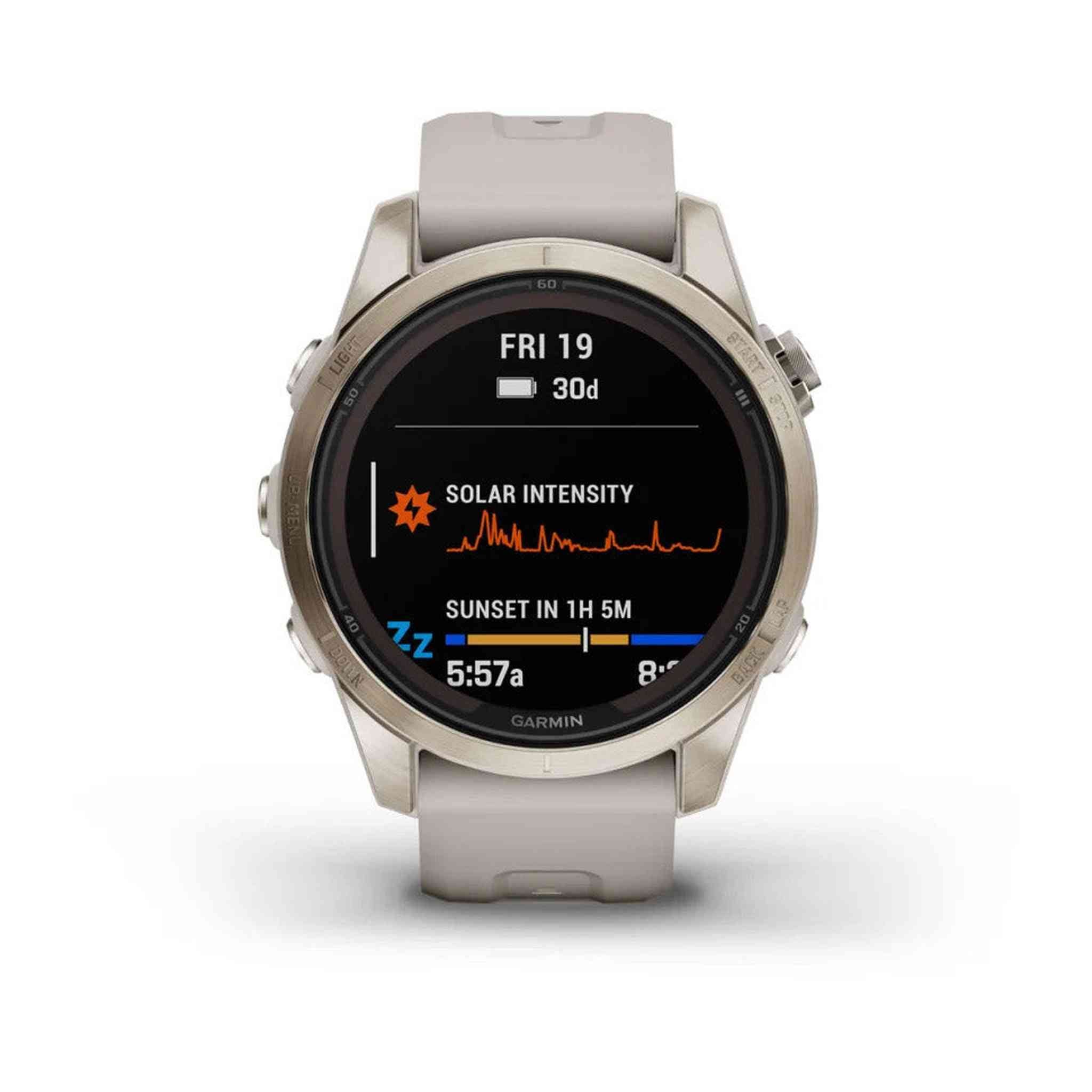 Garmin Fenix 7S Pro Solar Edition Sapphire, Soft Gold with Light Sand Band