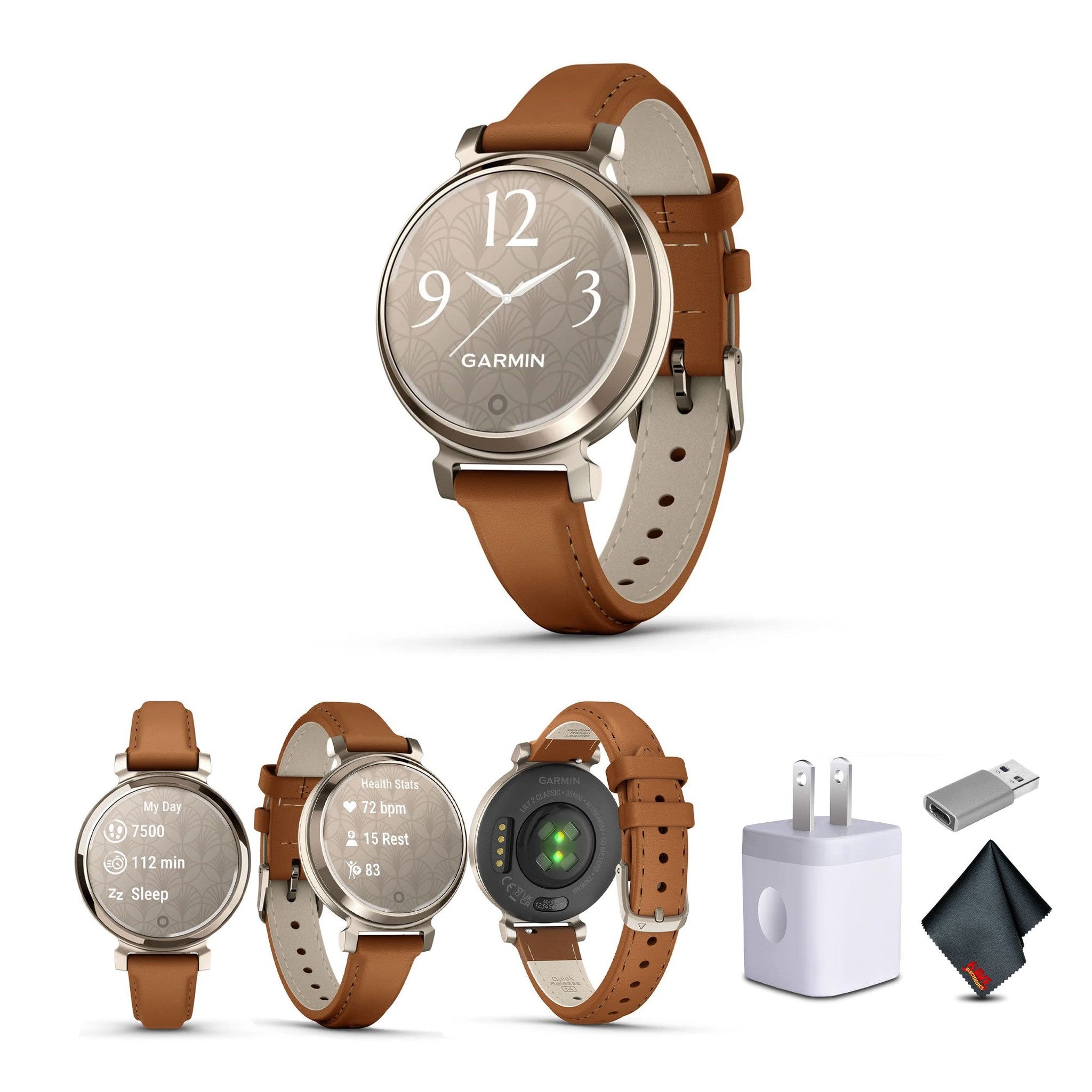 Garmin Lily 2 Classic, Small and Stylish Smartwatch Cream Gold with Tan Bundle Garmin