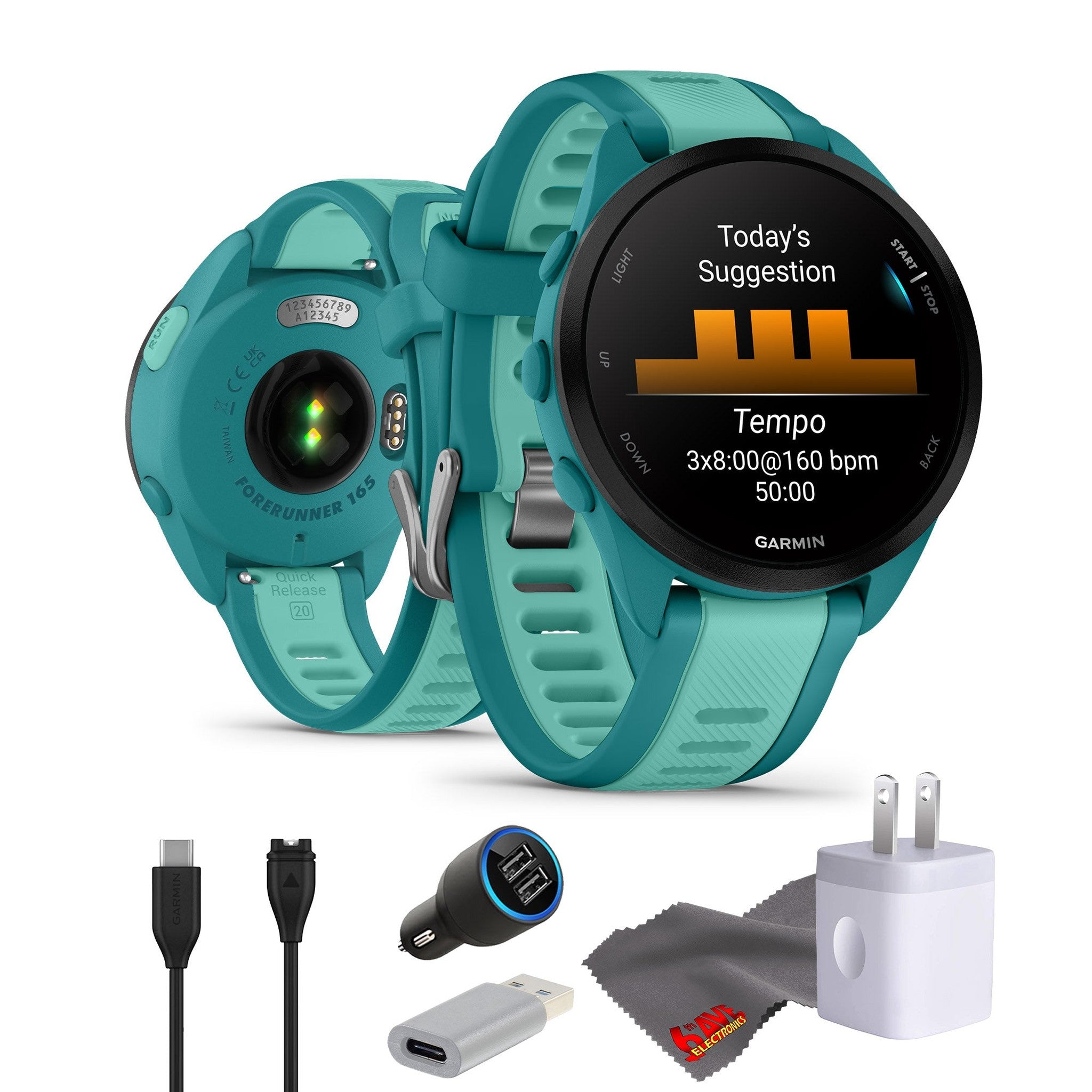 Garmin Forerunner 165 Music GPS Running Smart watch Bundle - Turquoise/Aqua Garmin
