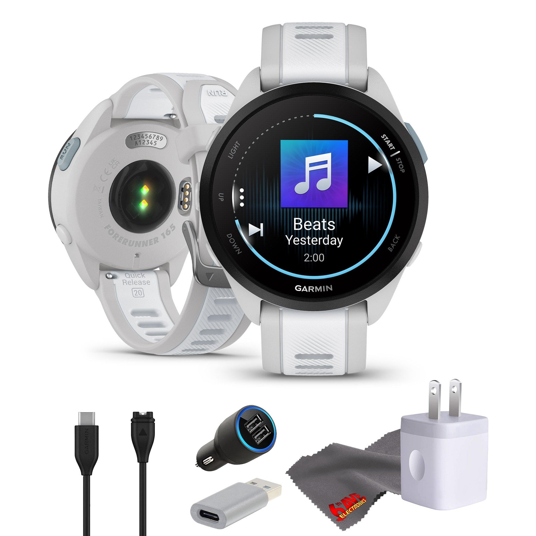 Garmin Forerunner 165 Music GPS Running Smart Watch Bundle - Mist Gray/Whitestone