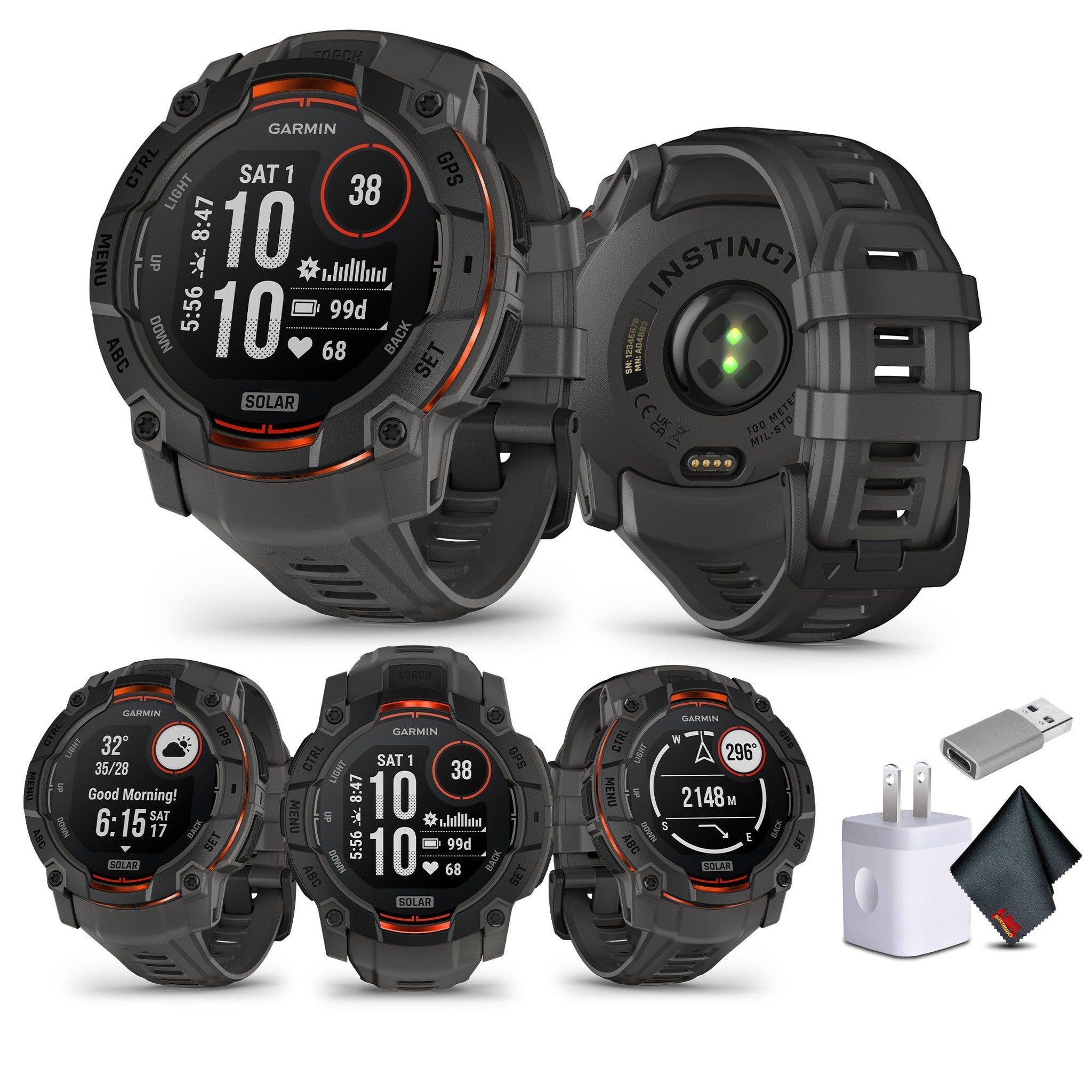 Garmin Instinct 3 50mm Solar Charged GPS Smartwatch Unlimited Battery Life Charcoal