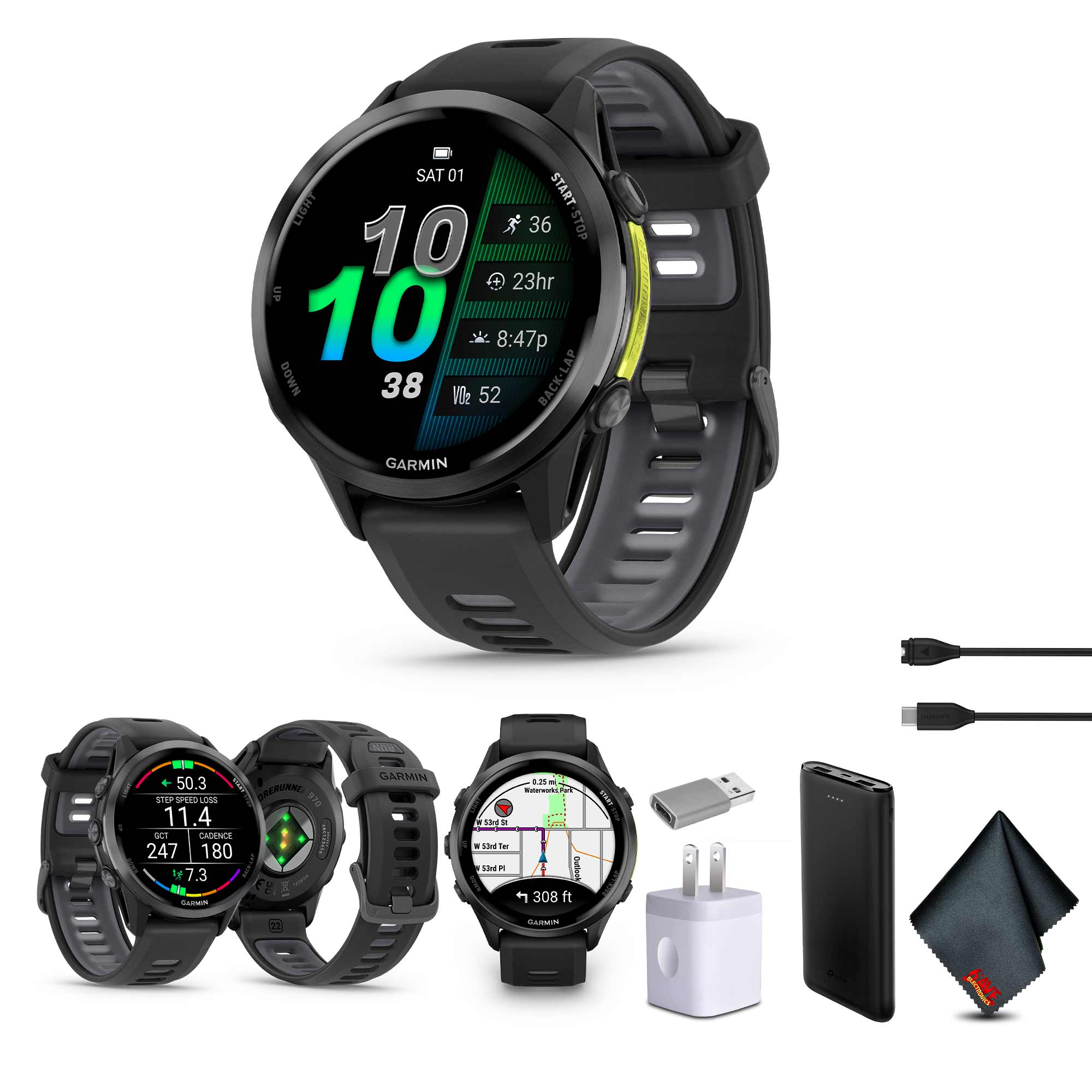 Garmin Forerunner 970 Running Smartwatch, GPS Fitness Smart Watch For Men And Women, Carbon Gray DLC Titanium with Black Case and Black/Translucent Whitestone Band , Bundle