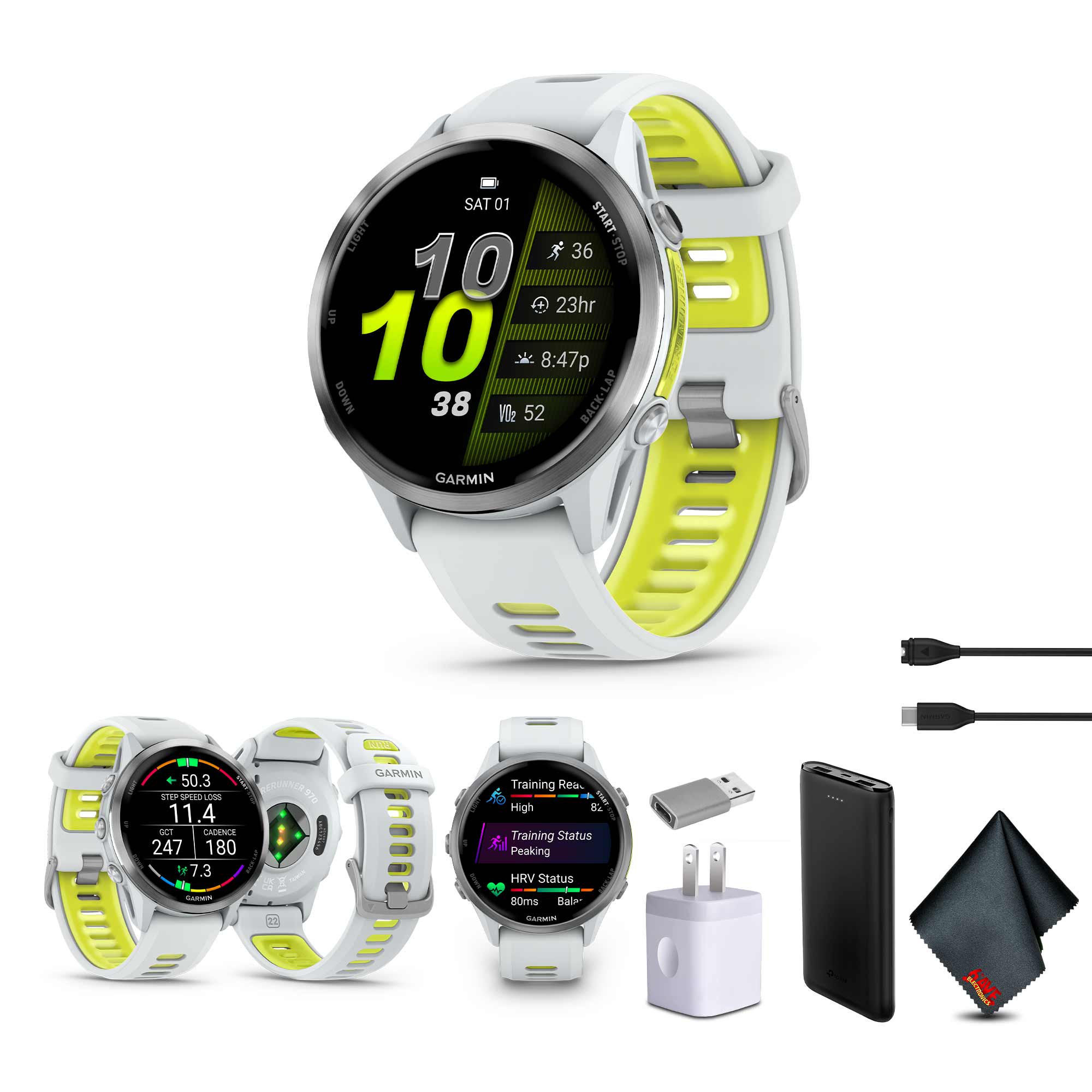 Garmin Forerunner 970 Running Smartwatch, GPS Fitness Smart Watch For Men And Women, Titanium with Whitestone Case and Whitestone/Translucent Amp Yellow Band, Bundle
