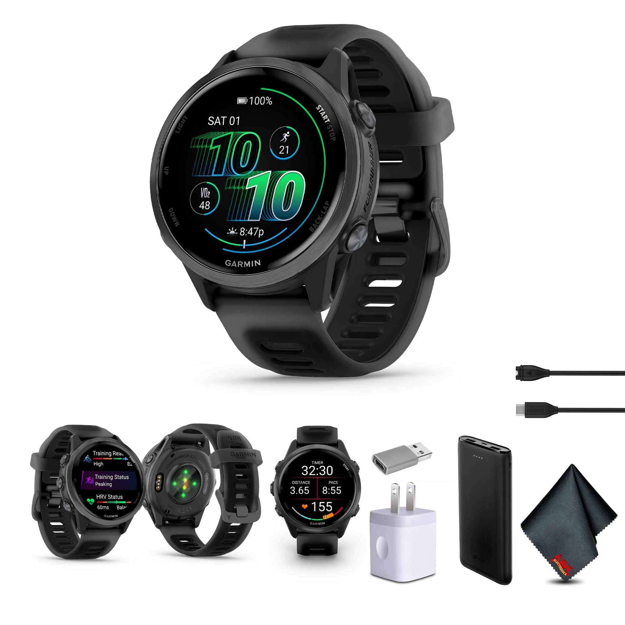 Garmin Forerunner 570 Running Smartwatch, 42MM WiFi, GPS Fitness Smart Watch For Men And Women, Slate Gray Aluminum with Translucent Black/Black Band, Bundle
