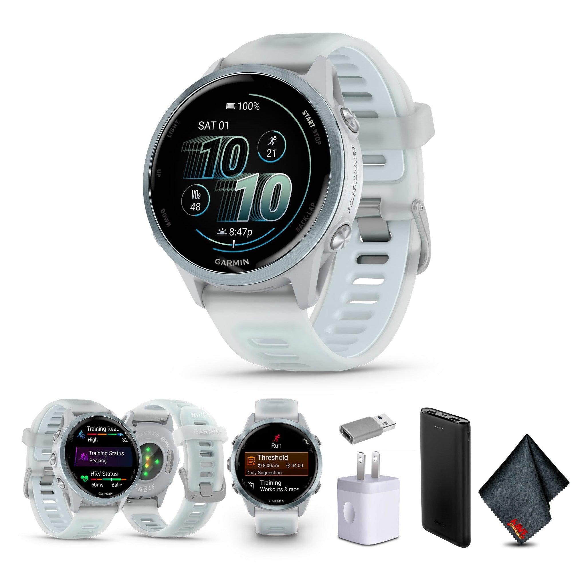 Garmin Forerunner 570 Running Smartwatch, 42MM WiFi, GPS Fitness Smart Watch For Men And Women, Cloud Blue Aluminum with Translucent Whitestone/Cloud Blue Band, Bundle