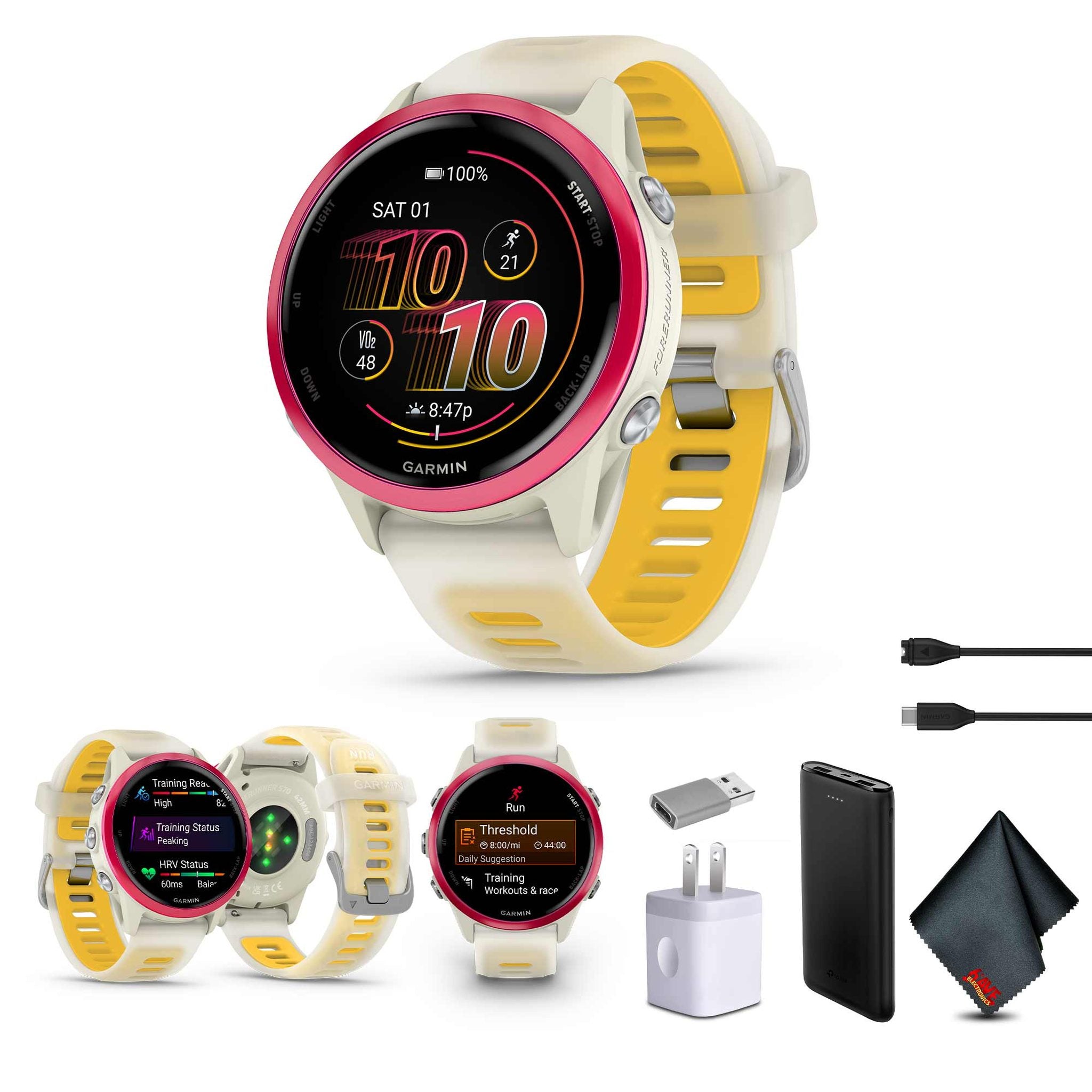 Garmin Forerunner 570 Running Smartwatch, 42MM WiFi, GPS Fitness Smart Watch For Men And Women, Raspberry Aluminum with Translucent Bone/Mango Band, Bundle