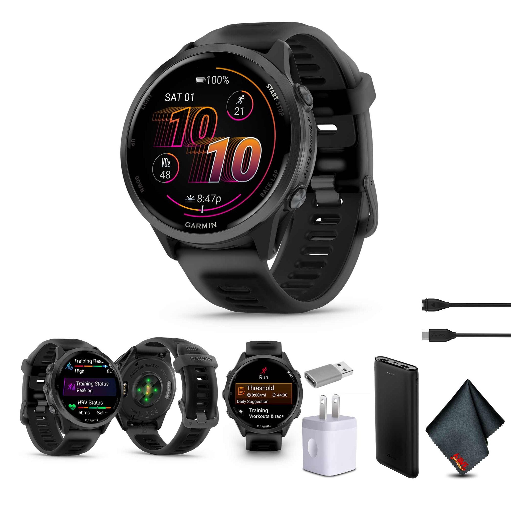 Garmin Forerunner 570 Running Smartwatch, 47MM WiFi, GPS Fitness Smart Watch For Men And Women, Slate Gray Aluminum with Translucent Black/Black Band , Bundle