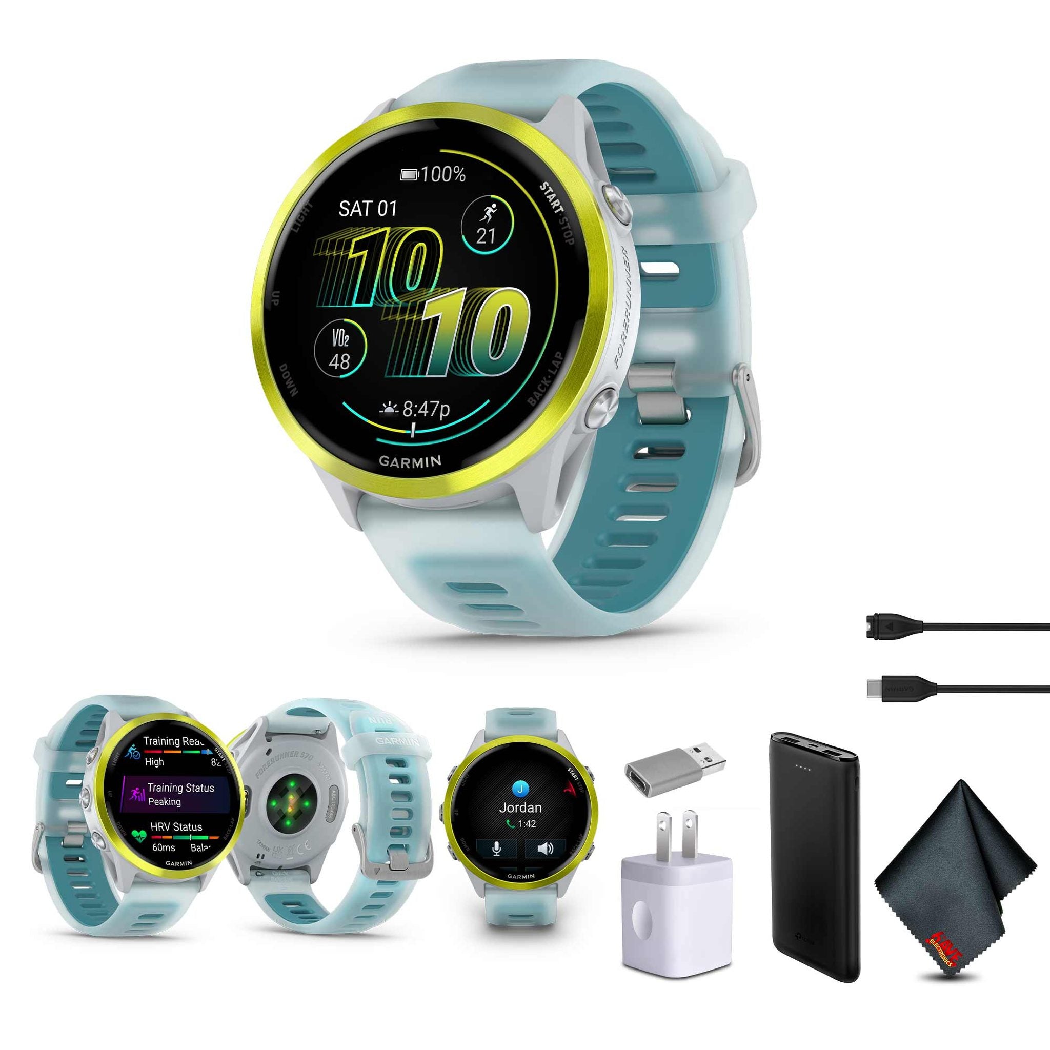 Garmin Forerunner 570 Running Smartwatch, 47MM WiFi, GPS Fitness Smart Watch For Men And Women, Amp Yellow Aluminum with Translucent Whitestone/Turquoise Band , Bundle