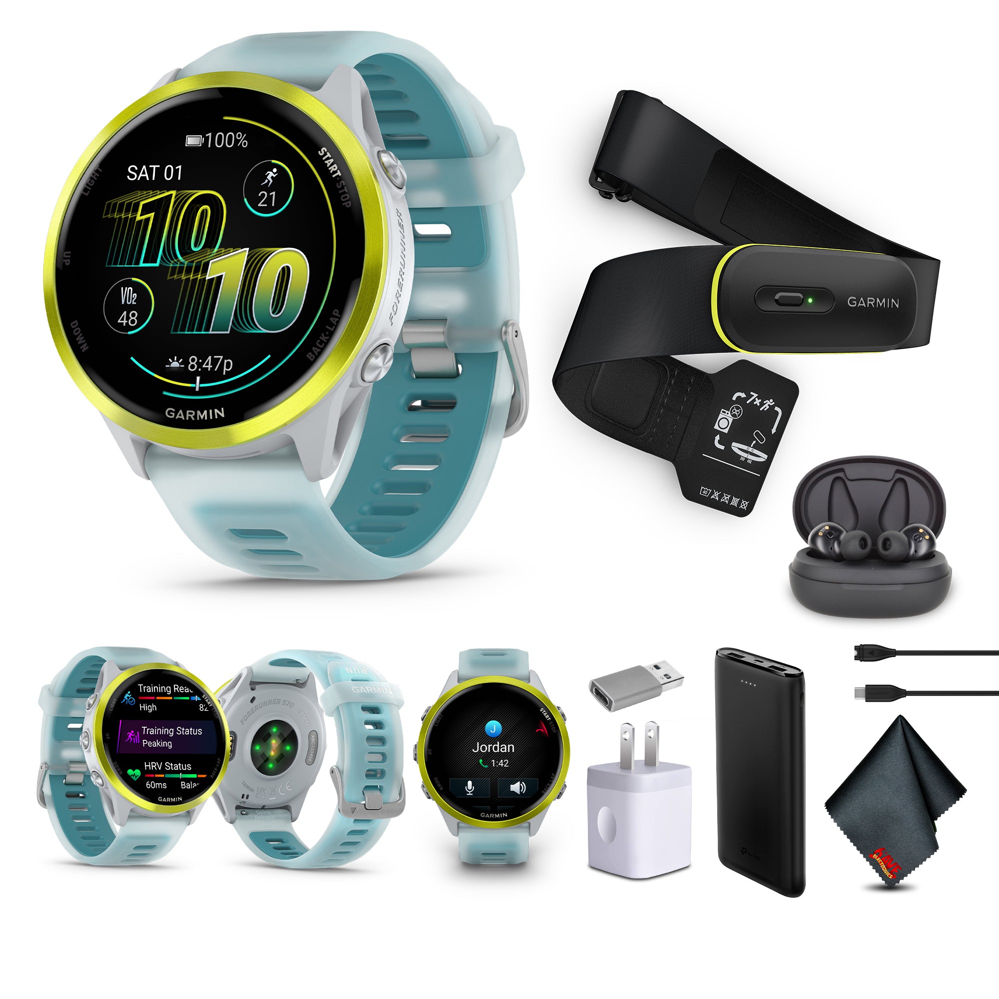Garmin Forerunner 570 – 47MM, Amp Yellow Aluminum with Translucent Whitestone/Turquoise Band , Air Pro TWS EarBuds