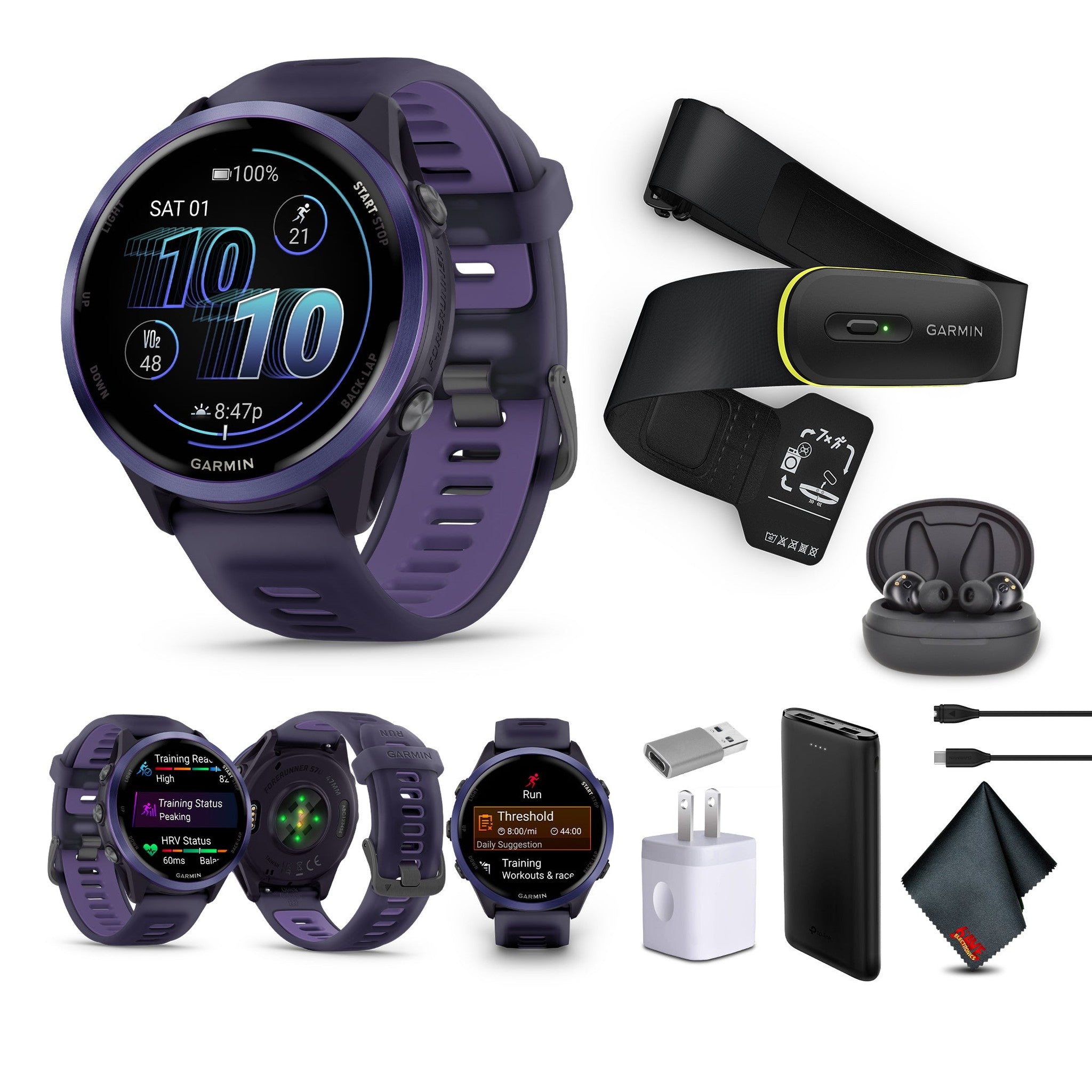Garmin Forerunner 570 – 47MM, Indigo Aluminum with Translucent Imperial Purple/Indigo Band , Air Pro EarBuds